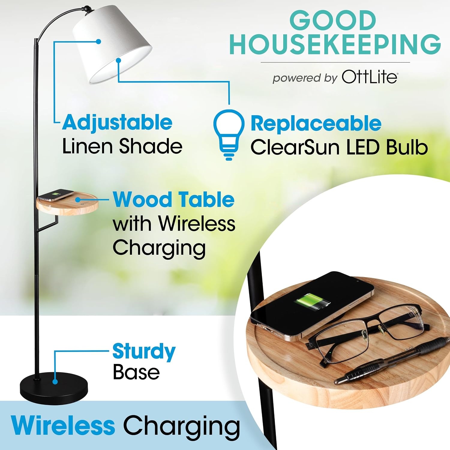 image:imageOttLite Good Housekeeping Shaded Modern LED Floor Lamp for Bedroom with Tray Wireless Charging Table Designed to Reduce Eyestrain Adjustable Shade ClearSun LED Bulb Reading Light amp Studying Lamp
