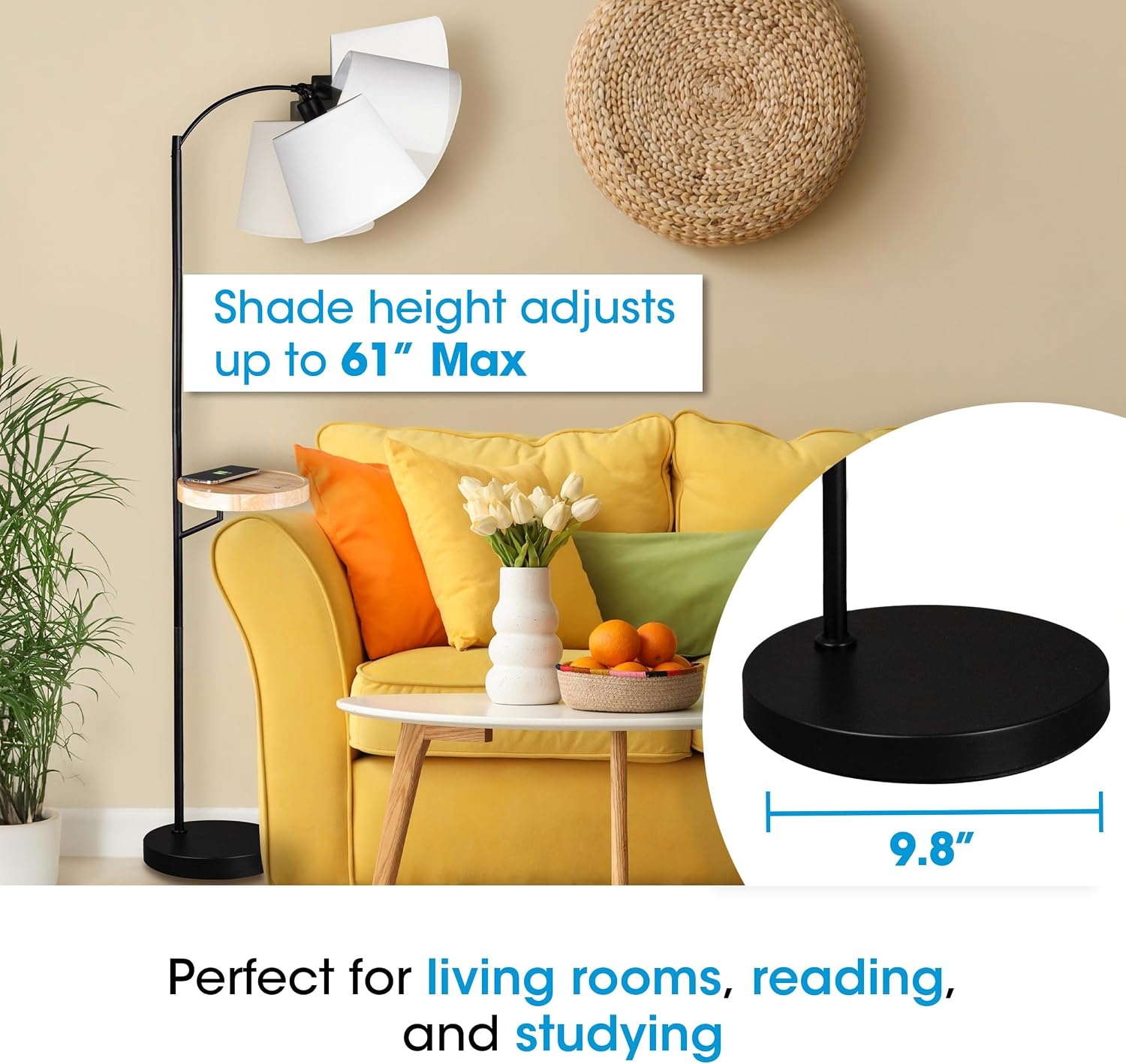image:imageOttLite Good Housekeeping Shaded Modern LED Floor Lamp for Bedroom with Tray Wireless Charging Table Designed to Reduce Eyestrain Adjustable Shade ClearSun LED Bulb Reading Light amp Studying Lamp