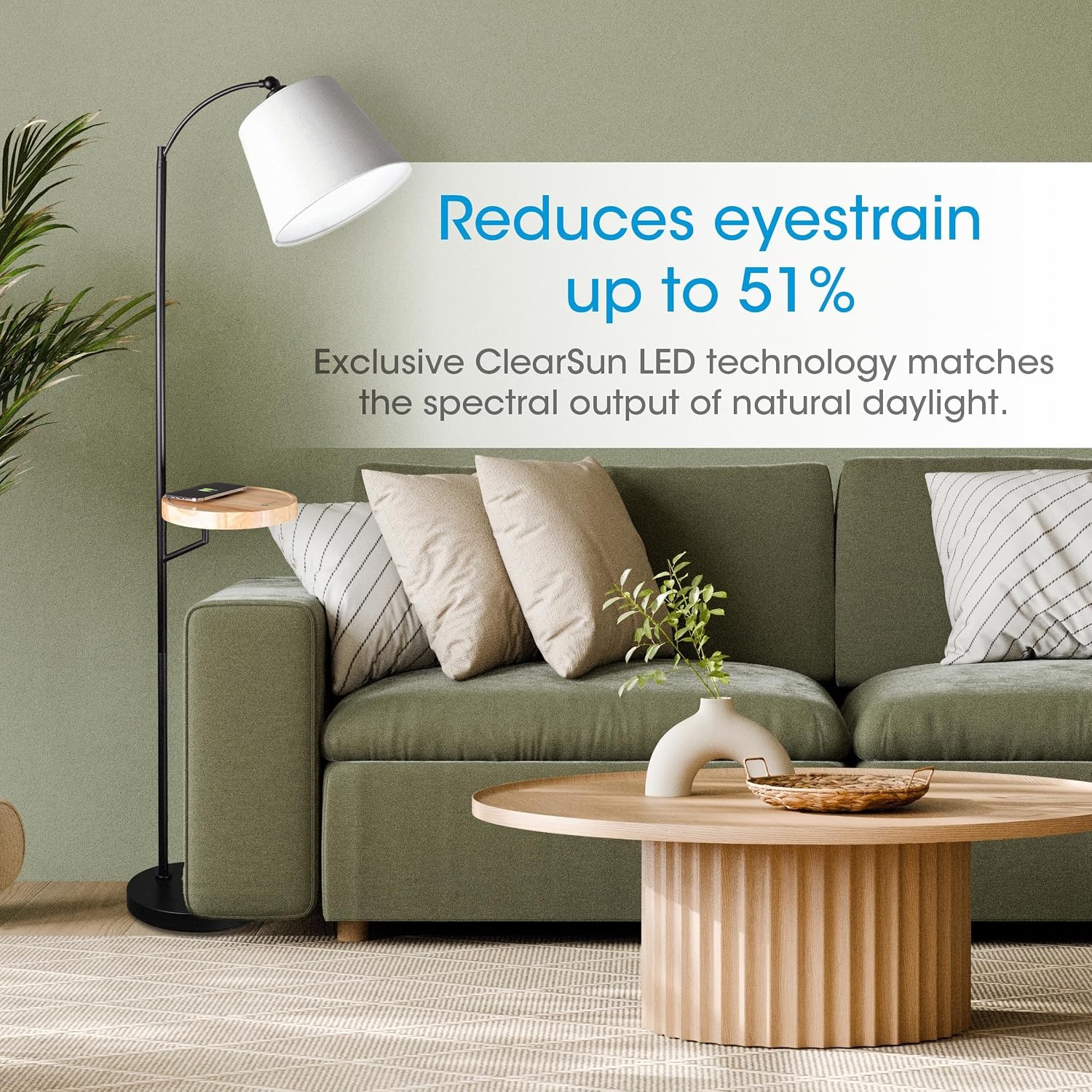 image:imageOttLite Good Housekeeping Shaded Modern LED Floor Lamp for Bedroom with Tray Wireless Charging Table Designed to Reduce Eyestrain Adjustable Shade ClearSun LED Bulb Reading Light amp Studying Lamp