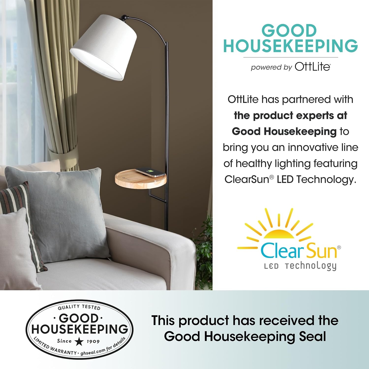 image:imageOttLite Good Housekeeping Shaded Modern LED Floor Lamp for Bedroom with Tray Wireless Charging Table Designed to Reduce Eyestrain Adjustable Shade ClearSun LED Bulb Reading Light amp Studying Lamp