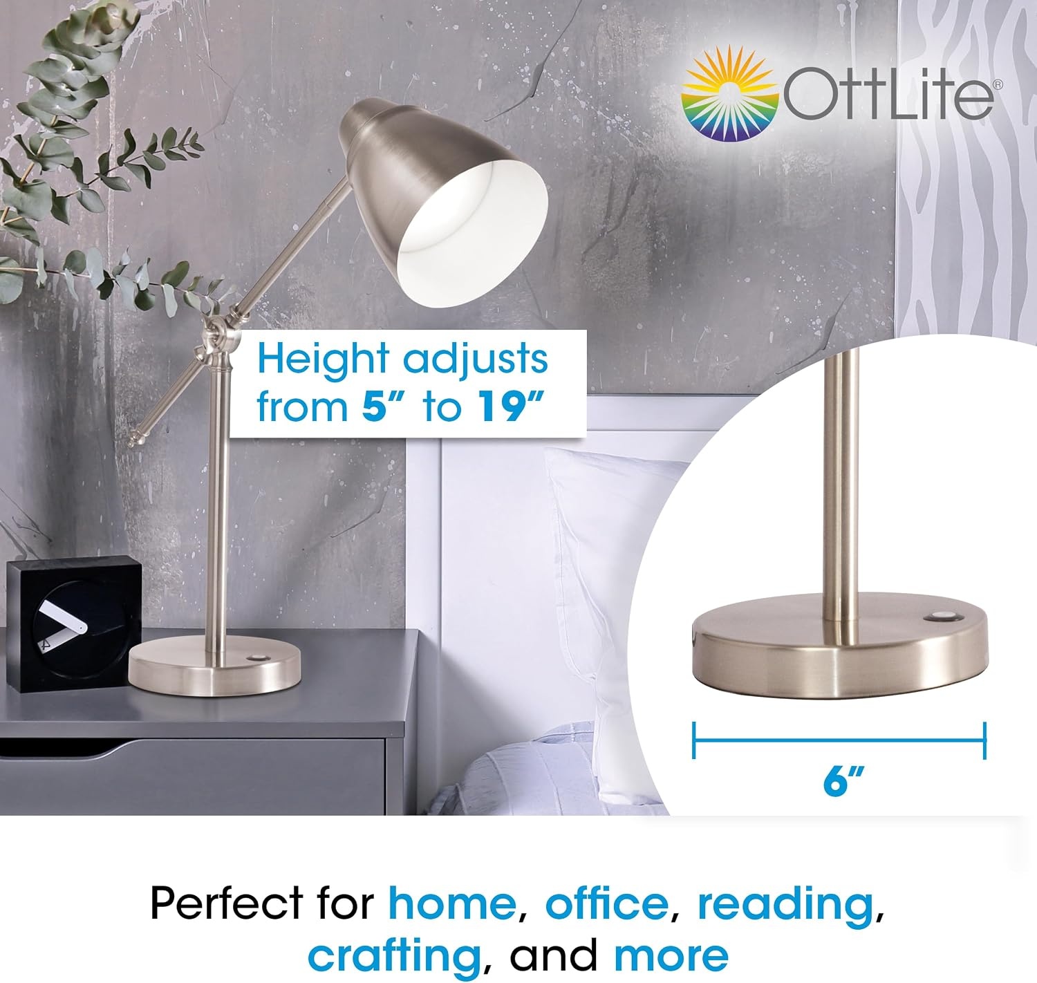 image:imageOttLite Harmonize LED Desk Lamp 21A USB Charging Port 3 Brightness Settings Brushed Nickel