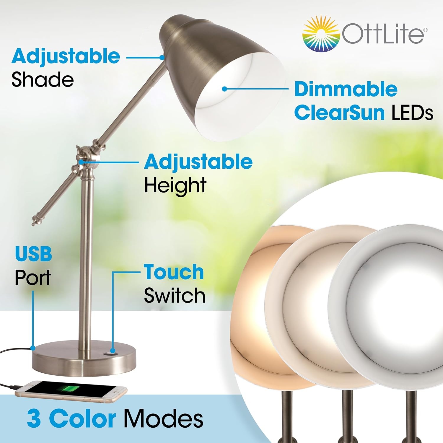 image:imageOttLite Harmonize LED Desk Lamp 21A USB Charging Port 3 Brightness Settings Brushed Nickel