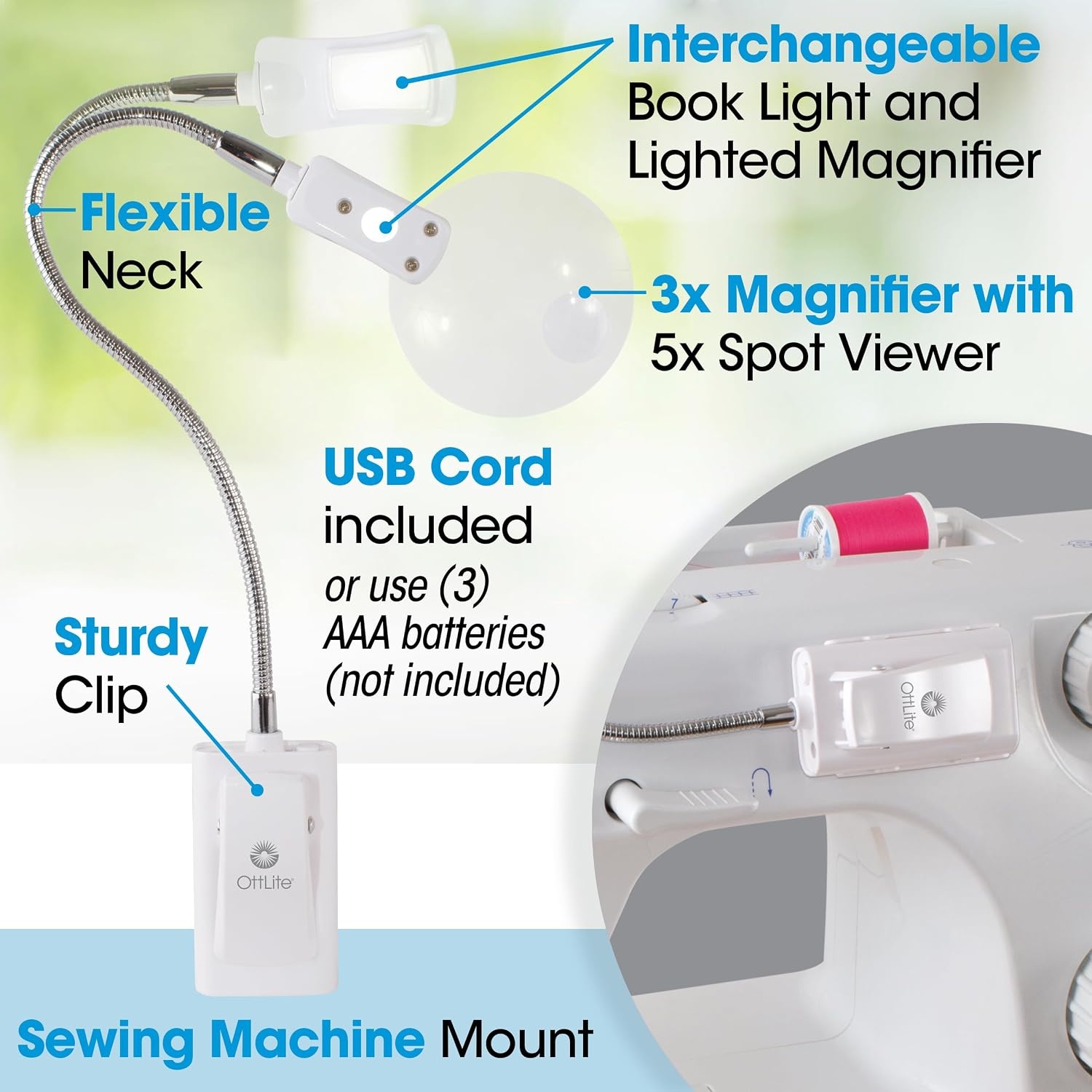 image:imageOttLite LED 2 in 1 Sewing Machine Light Clip Lamp Sewing Machine Lamp Lighted 3X Optical Grade Magnifier 5X Spot Viewer Great for Home Workshop BlueWhite