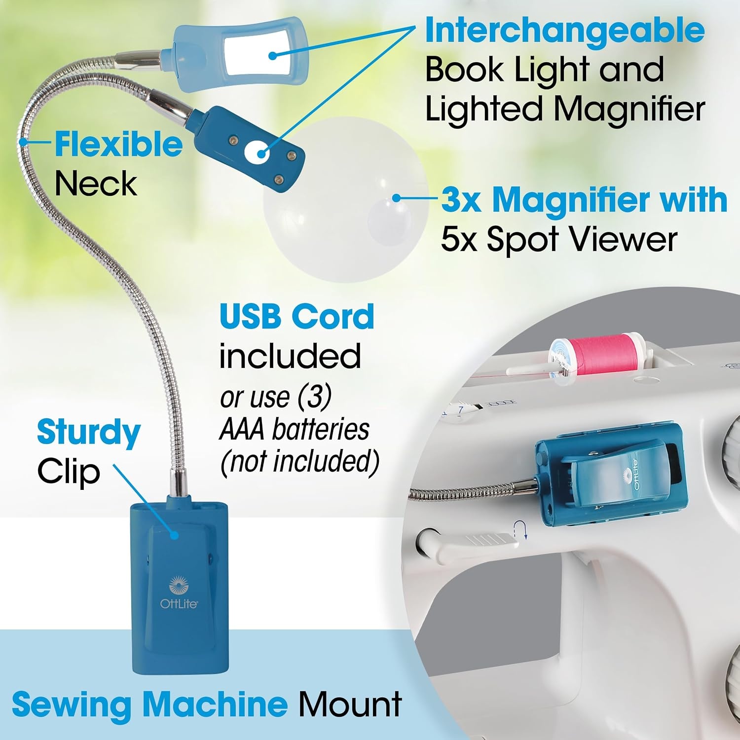 image:imageOttLite LED 2 in 1 Sewing Machine Light Clip Lamp Sewing Machine Lamp Lighted 3X Optical Grade Magnifier 5X Spot Viewer Great for Home Workshop BlueBlue