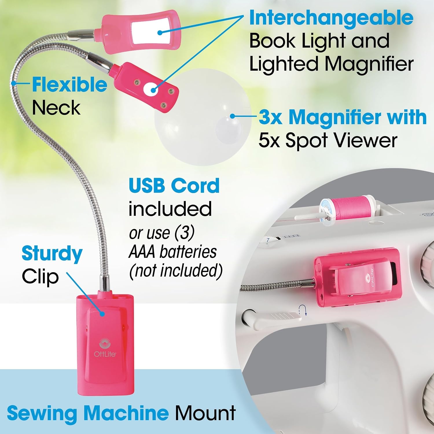 image:imageOttLite LED 2 in 1 Sewing Machine Light Clip Lamp Sewing Machine Lamp Lighted 3X Optical Grade Magnifier 5X Spot Viewer Great for Home Workshop BluePink
