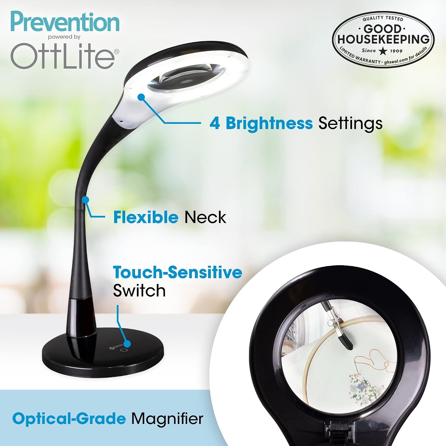 image:imageOttLite LED Desk Lamp with Adjustable Magnifier Prevention Series Designed to Reduce Eyestrain Adjustable Flexible Neck 4 Brightness Settings amp Touch Controls Crafting Reading amp StudyingBlack