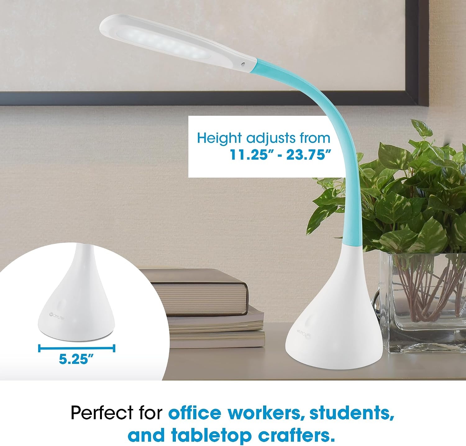 image:imageOttLite LED Desk Lamp with Adjustable Neck Creative Curves WhiteTurquoise 21A USB Charging Port 4 Dimmable Brightness Settings EnergyEfficient Natural Daylight LEDs for Home amp Office