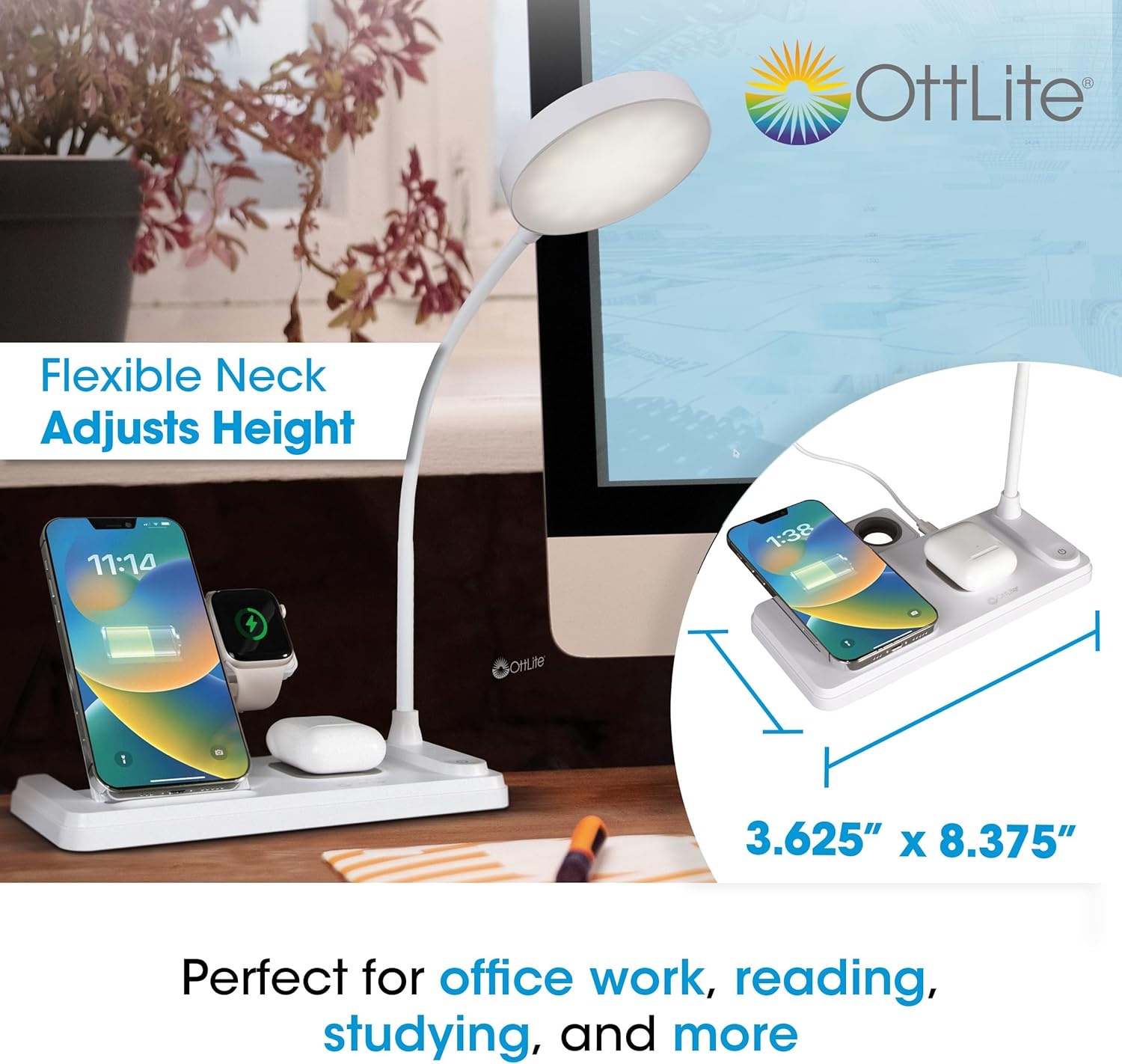 image:imageOttLite LED Desk Lamp with Charging Station MultiDevice Desk Lamp with Wireless Charger Book Light Table Lamp Reading Light Work Light Desk Lights for Home Office or Bedside