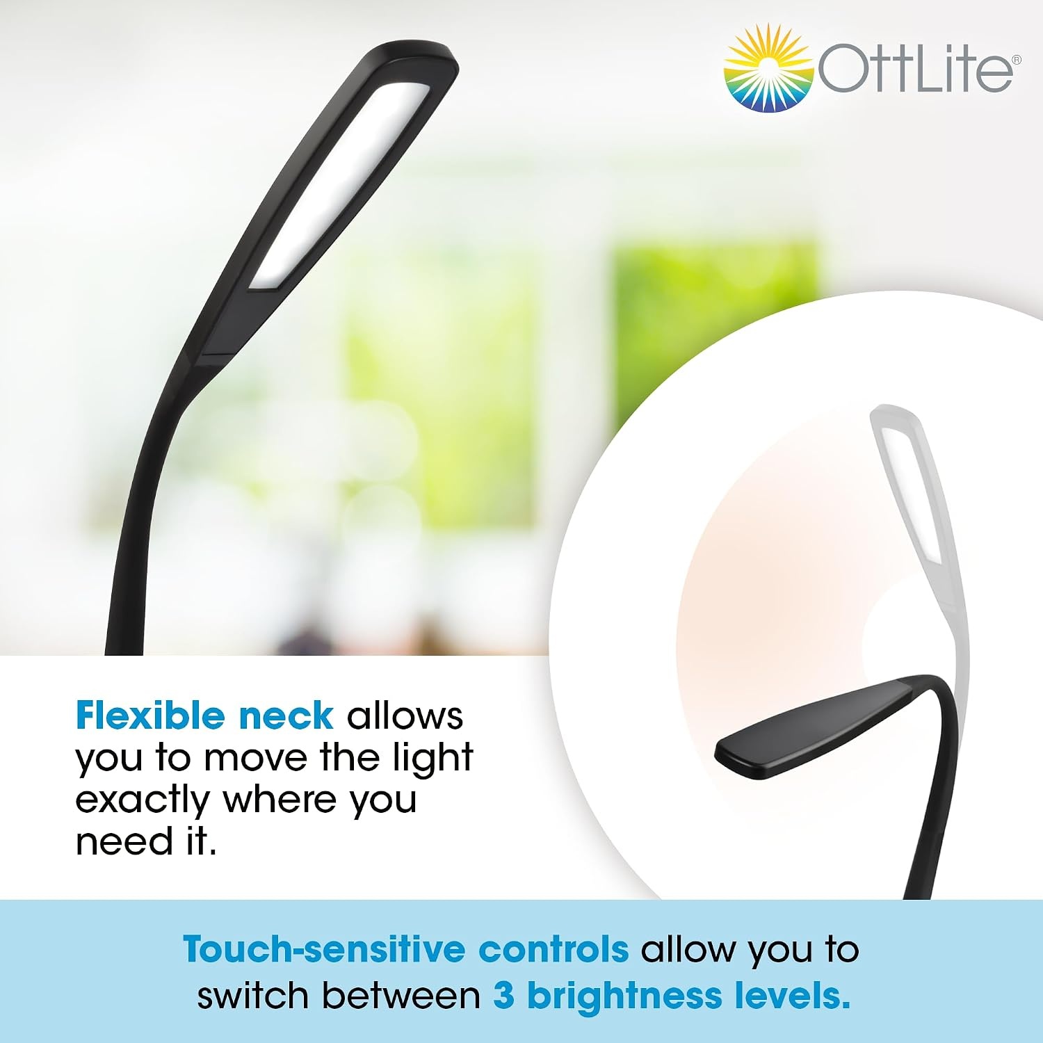 image:imageOttLite LED Desk Lamp with Flexible Neck Black Slim Desk Lamp with 3 Brightness Settings amp Touch Activated Controls EnergyEfficient Natural Daylight LEDs for Home Office Desk amp DormsBlack