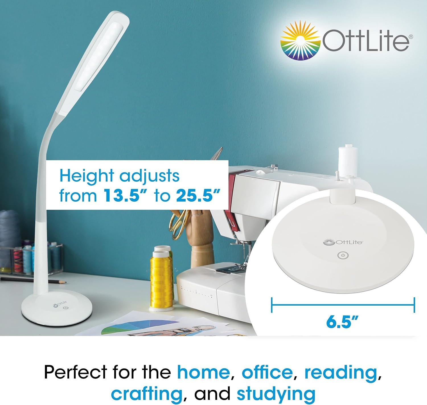 image:imageOttLite LED Desk Lamp with Flexible Neck White Slim Desk Lamp with 3 Brightness Settings amp Touch Activated Controls EnergyEfficient Natural Daylight LEDs for Home Office Desk amp Dorms