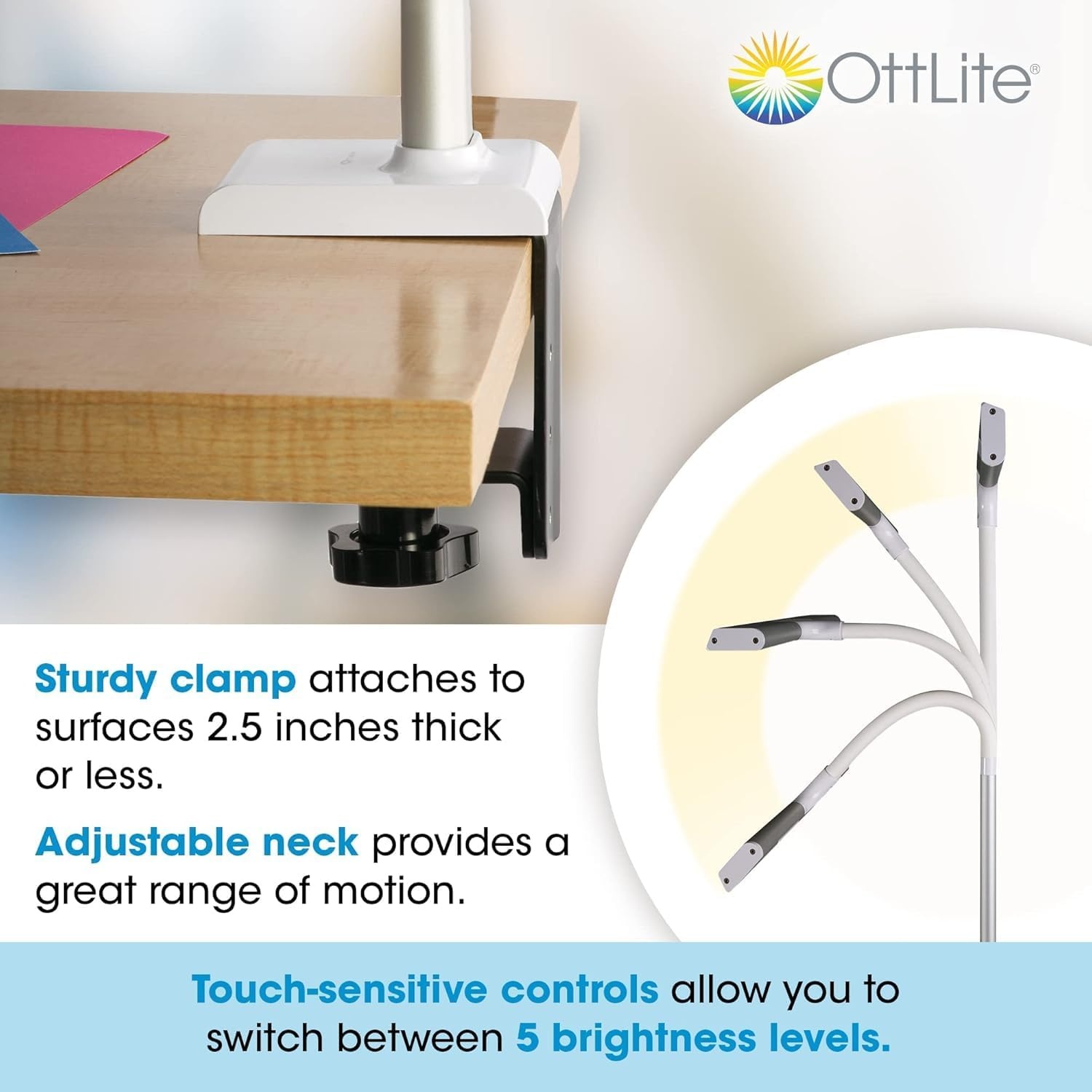image:imageOttLite LED Desk Lamp with Sturdy Clamp Extra Wide Lighting Dimmable with 5 Brightness Settings amp Energy Efficient Natural Daylight LEDs for Home Office Computer Desk Dorms amp WorkbenchSilver