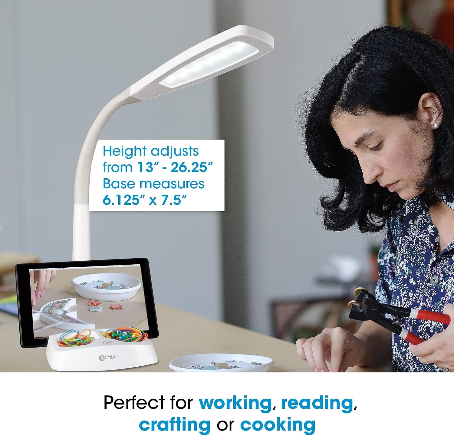 image:imageOttLite LED Desk Lamp with Tablet amp Smart Phone Stand ClearSun LED Technology Desk Lamp with Storage Base USB Charging Port amp Flexible Neck Height for Tutorials Crafting Sewing amp Working