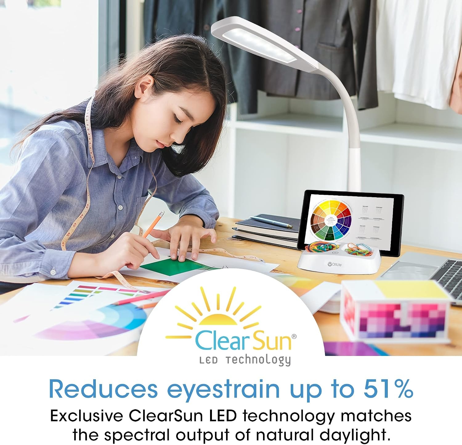 image:imageOttLite LED Desk Lamp with Tablet amp Smart Phone Stand ClearSun LED Technology Desk Lamp with Storage Base USB Charging Port amp Flexible Neck Height for Tutorials Crafting Sewing amp Working