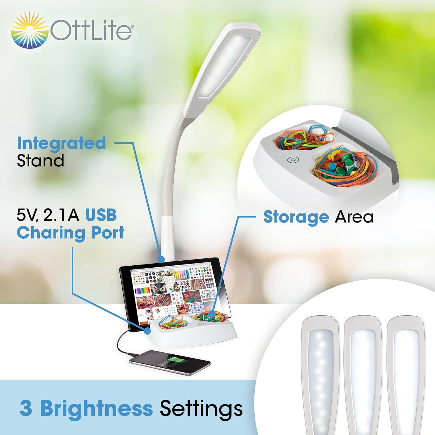 image:imageOttLite LED Desk Lamp with Tablet amp Smart Phone Stand ClearSun LED Technology Desk Lamp with Storage Base USB Charging Port amp Flexible Neck Height for Tutorials Crafting Sewing amp Working