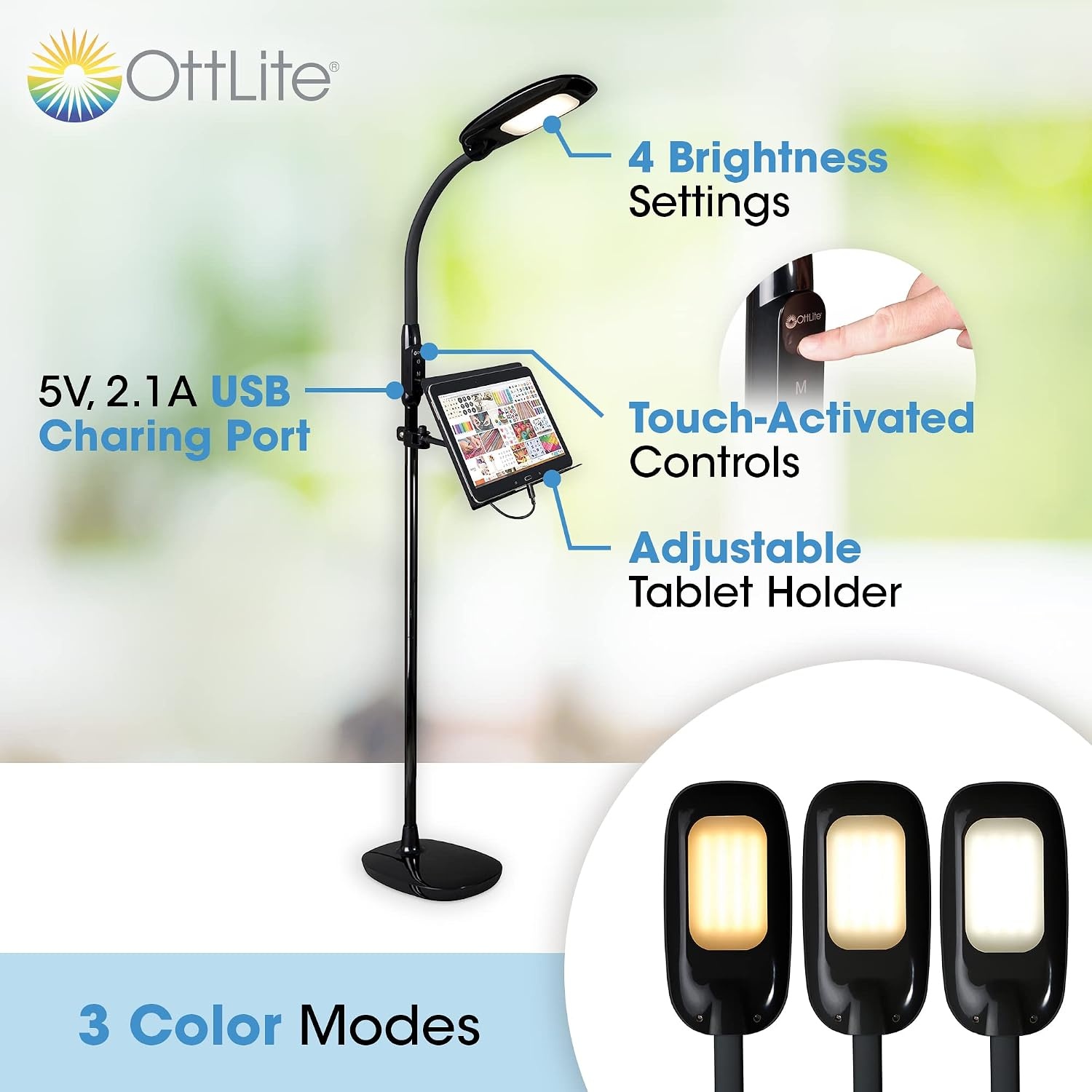 image:imageOttLite LED Floor Lamp with USB Charging Port amp Tablet Stand ClearSun LED Technology 4 Brightness Settings amp 3 Color Temperature Modes Touch Activated Controls for Home Reading amp DormsBlack