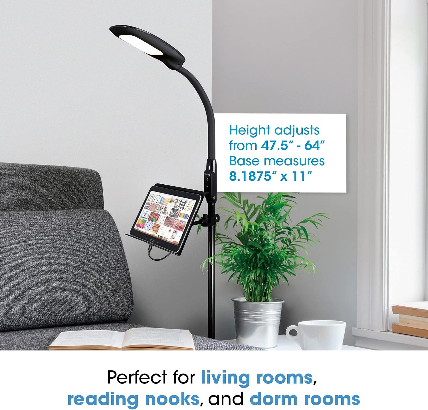 image:imageOttLite LED Floor Lamp with USB Charging Port amp Tablet Stand ClearSun LED Technology 4 Brightness Settings amp 3 Color Temperature Modes Touch Activated Controls for Home Reading amp DormsBlack