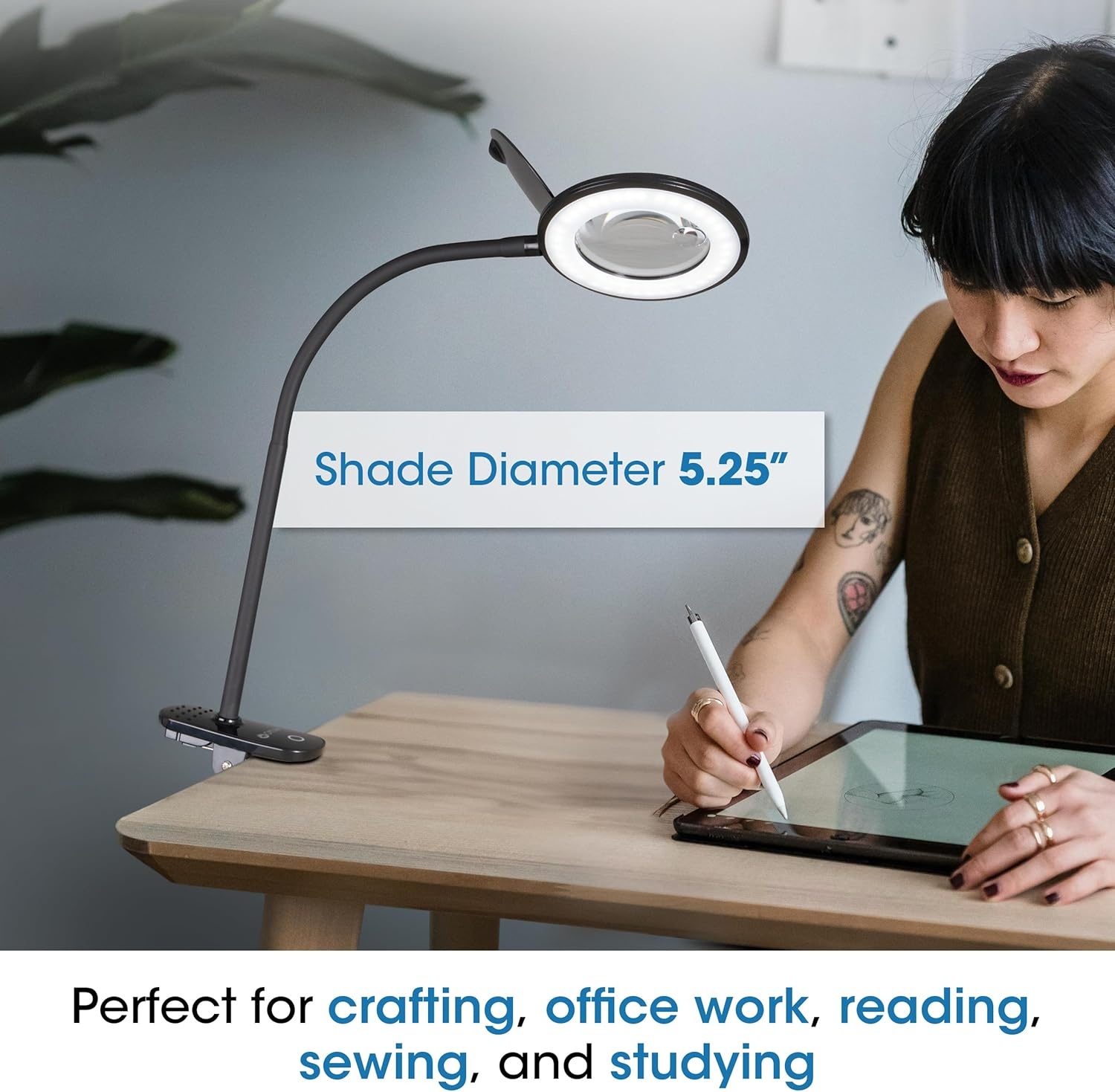image:imageOttLite LED Lamp Clip On Magnifying Glass with Light Optical Grade Magnification Adjustable Arm ClearSun LED Technology for Crafting amp Needlework Great Desk Lamp Book Light Reading LampBlack