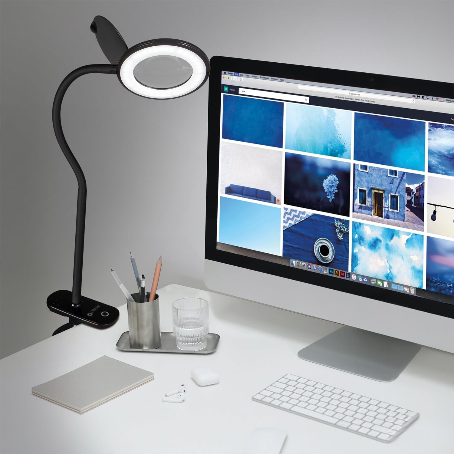 image:imageOttLite LED Lamp Clip On Magnifying Glass with Light Optical Grade Magnification Adjustable Arm ClearSun LED Technology for Crafting amp Needlework Great Desk Lamp Book Light Reading LampBlack