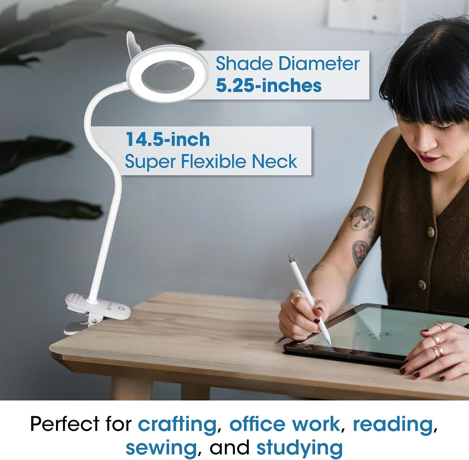 image:imageOttLite LED Lamp Clip On Magnifying Glass with Light Optical Grade Magnification Adjustable Arm ClearSun LED Technology for Crafting amp Needlework Great Desk Lamp Book Light Reading LampWhite