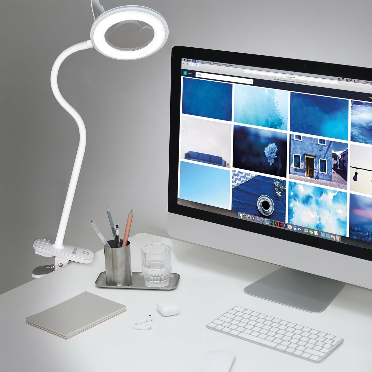 image:imageOttLite LED Lamp Clip On Magnifying Glass with Light Optical Grade Magnification Adjustable Arm ClearSun LED Technology for Crafting amp Needlework Great Desk Lamp Book Light Reading LampWhite