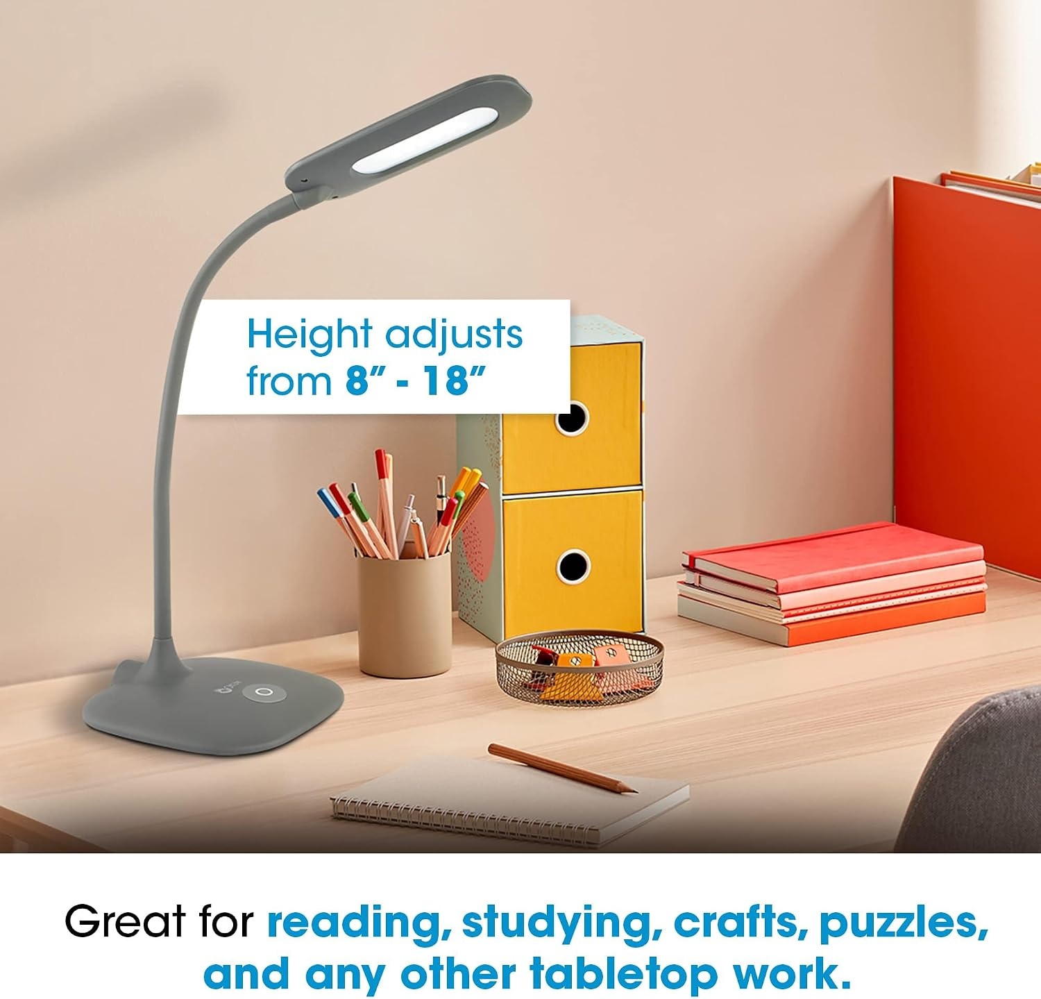 image:imageOttLite LED Soft Touch Desk Lamp 3 Brightness Settings with Energy Efficient Natural Daylight LEDs Adjustable Flexible Neck amp Touch Controls for Tabletops Home Office Computer Desk amp DormsDark Grey