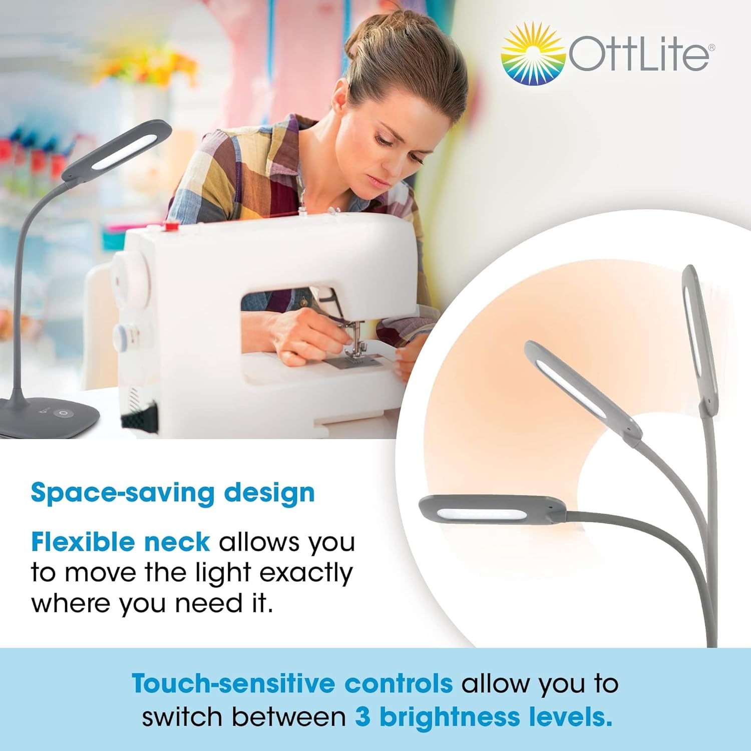 image:imageOttLite LED Soft Touch Desk Lamp 3 Brightness Settings with Energy Efficient Natural Daylight LEDs Adjustable Flexible Neck amp Touch Controls for Tabletops Home Office Computer Desk amp DormsDark Grey