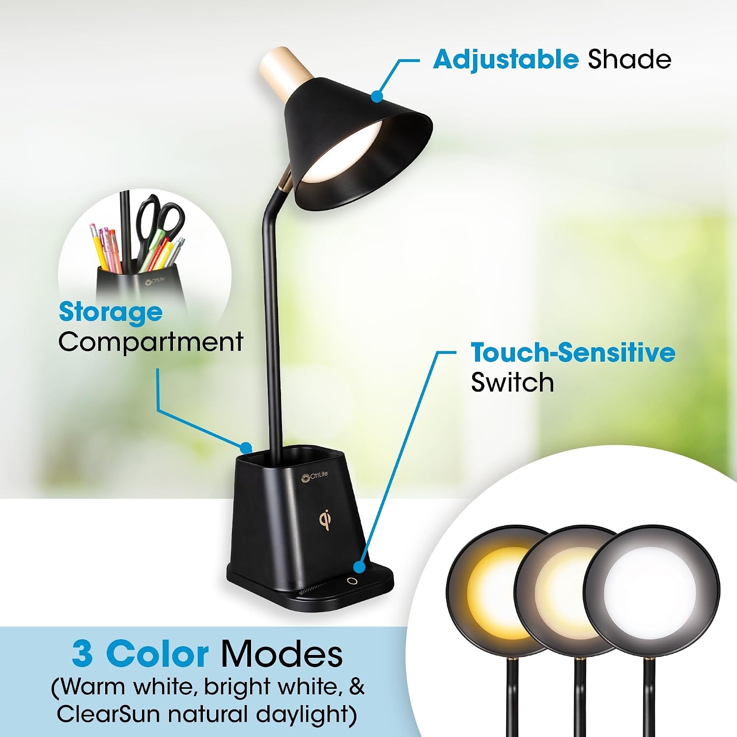 image:imageOttLite Merge LED Desk Lamp with Wireless Charging ClearSun LED Technology 3 Brightness Settings amp Color Temperature Modes with Touch Activated Controls Includes Storage Area for Desk Supplies