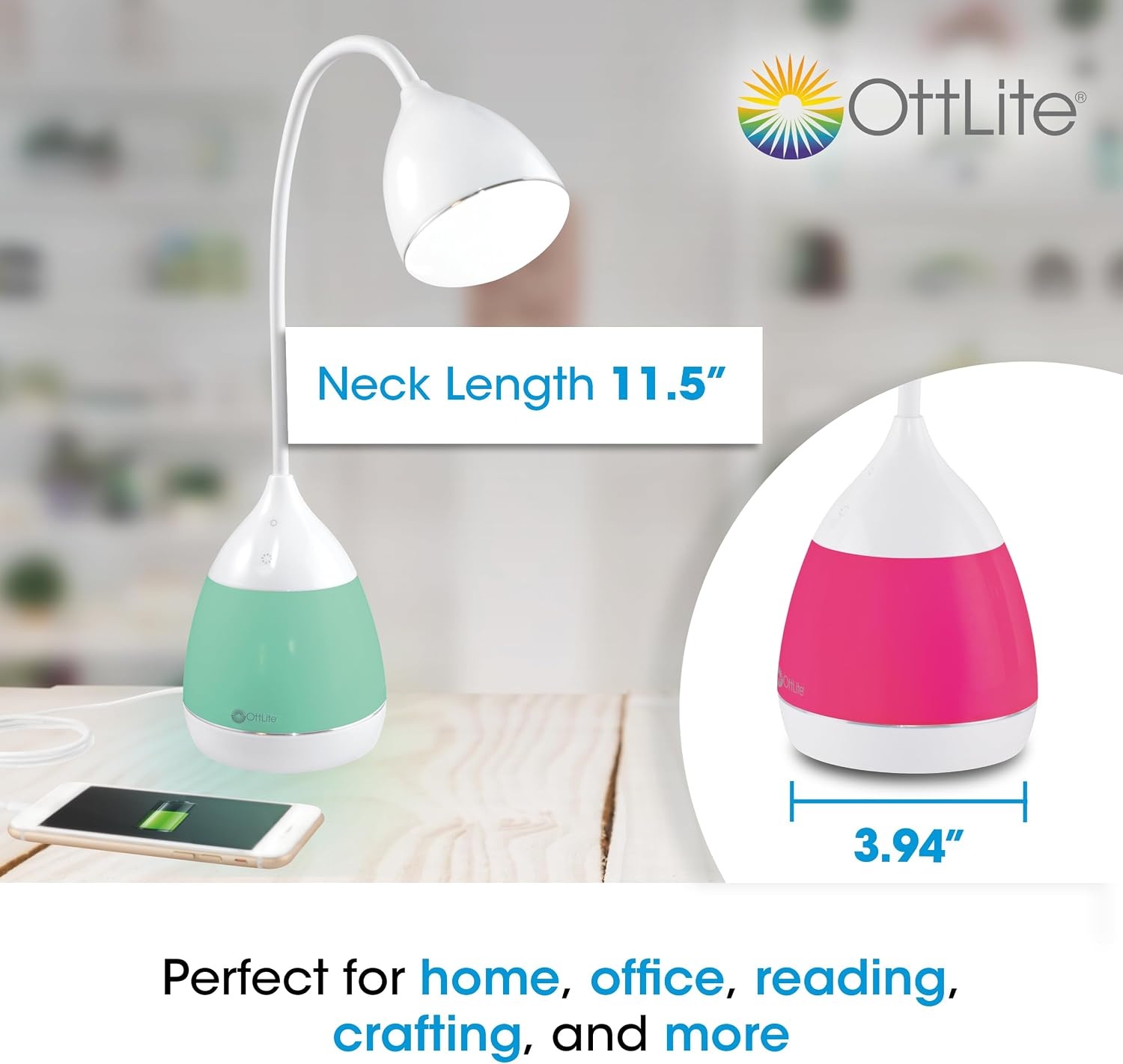 image:imageOttLite Mood LED Desk Lamp with Color Changing Base Charging USB Port Touch Activated Controls Flexible Neck ClearSun LED Light for Work Study Reading