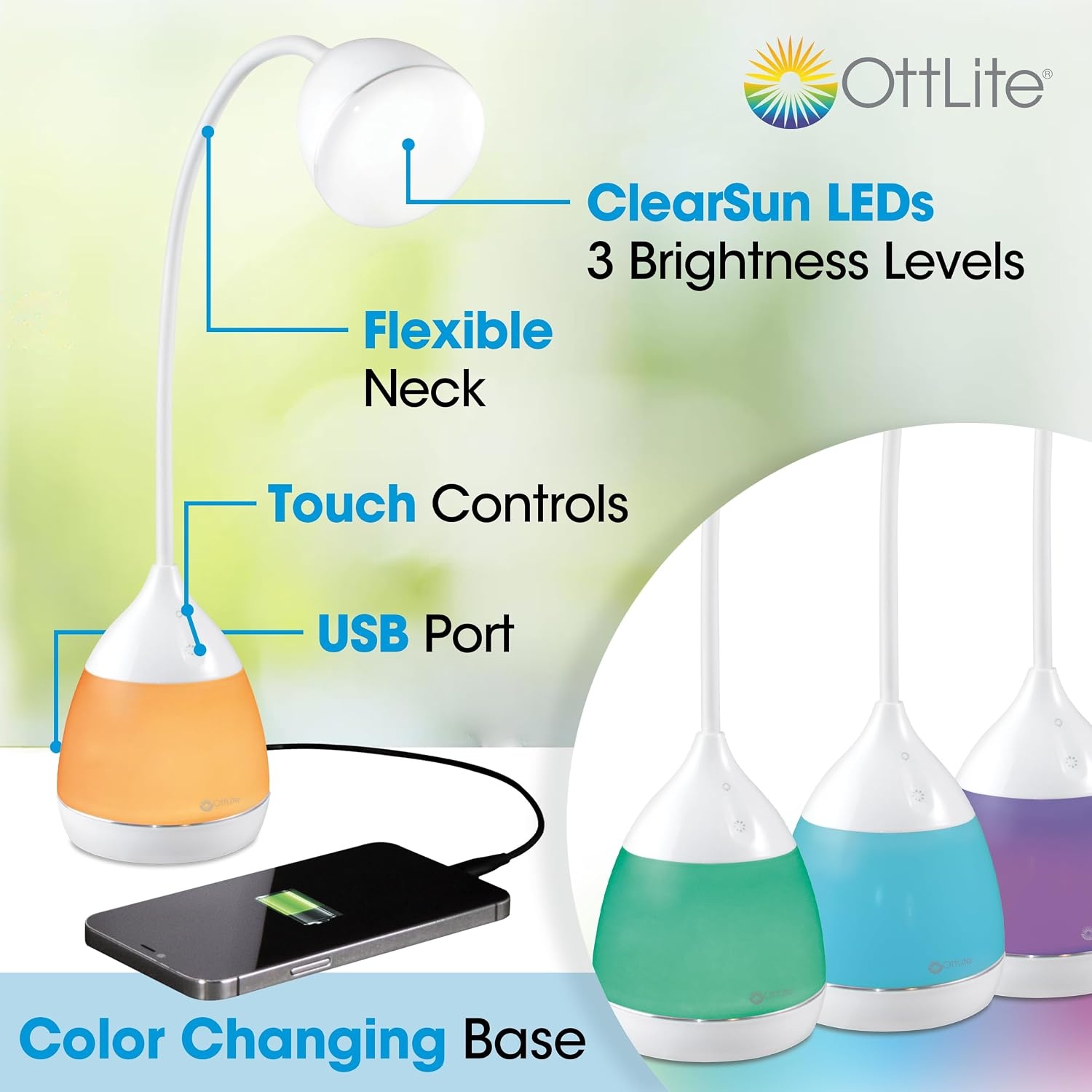 image:imageOttLite Mood LED Desk Lamp with Color Changing Base Charging USB Port Touch Activated Controls Flexible Neck ClearSun LED Light for Work Study Reading