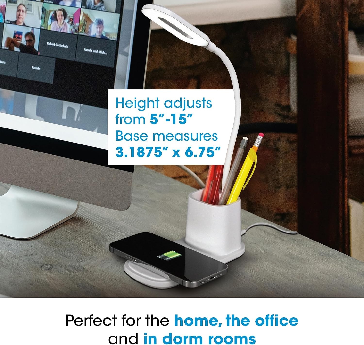 image:imageOttLite Organizer LED Desk Lamp with Wireless Charging 3 Color Temperatures Dimmable with Touch Activated Controls Flexible Neck Includes Storage Area for Desk Supplies