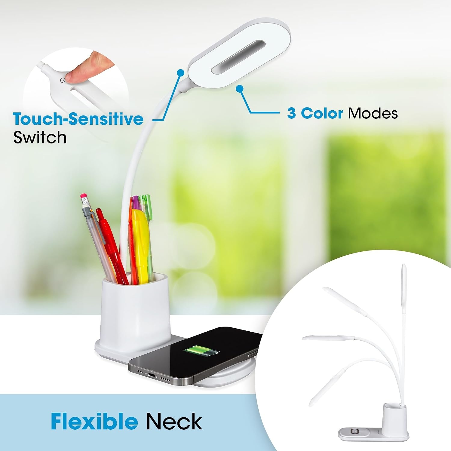 image:imageOttLite Organizer LED Desk Lamp with Wireless Charging 3 Color Temperatures Dimmable with Touch Activated Controls Flexible Neck Includes Storage Area for Desk Supplies