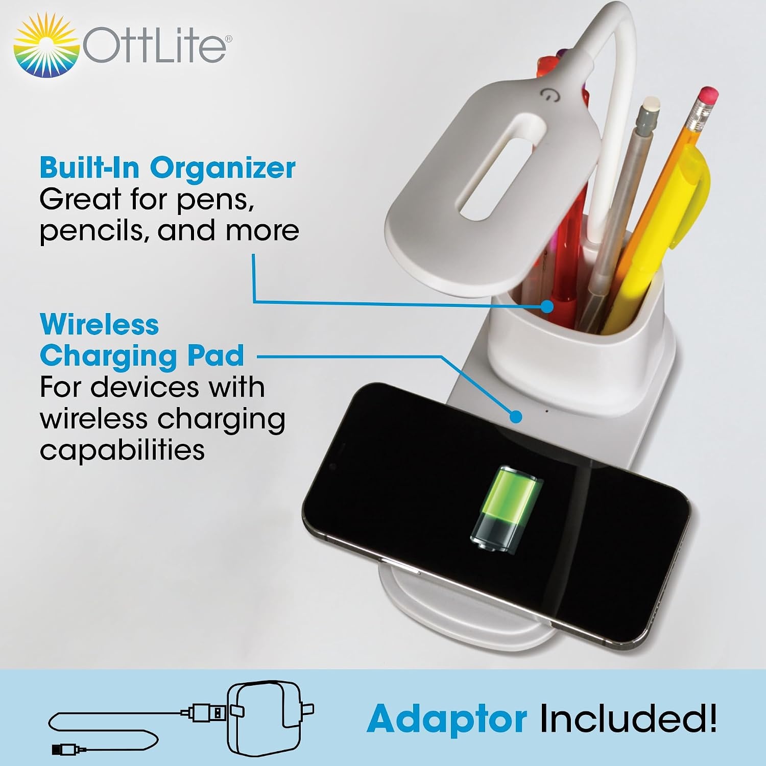 image:imageOttLite Organizer LED Desk Lamp with Wireless Charging 3 Color Temperatures Dimmable with Touch Activated Controls Flexible Neck Includes Storage Area for Desk Supplies