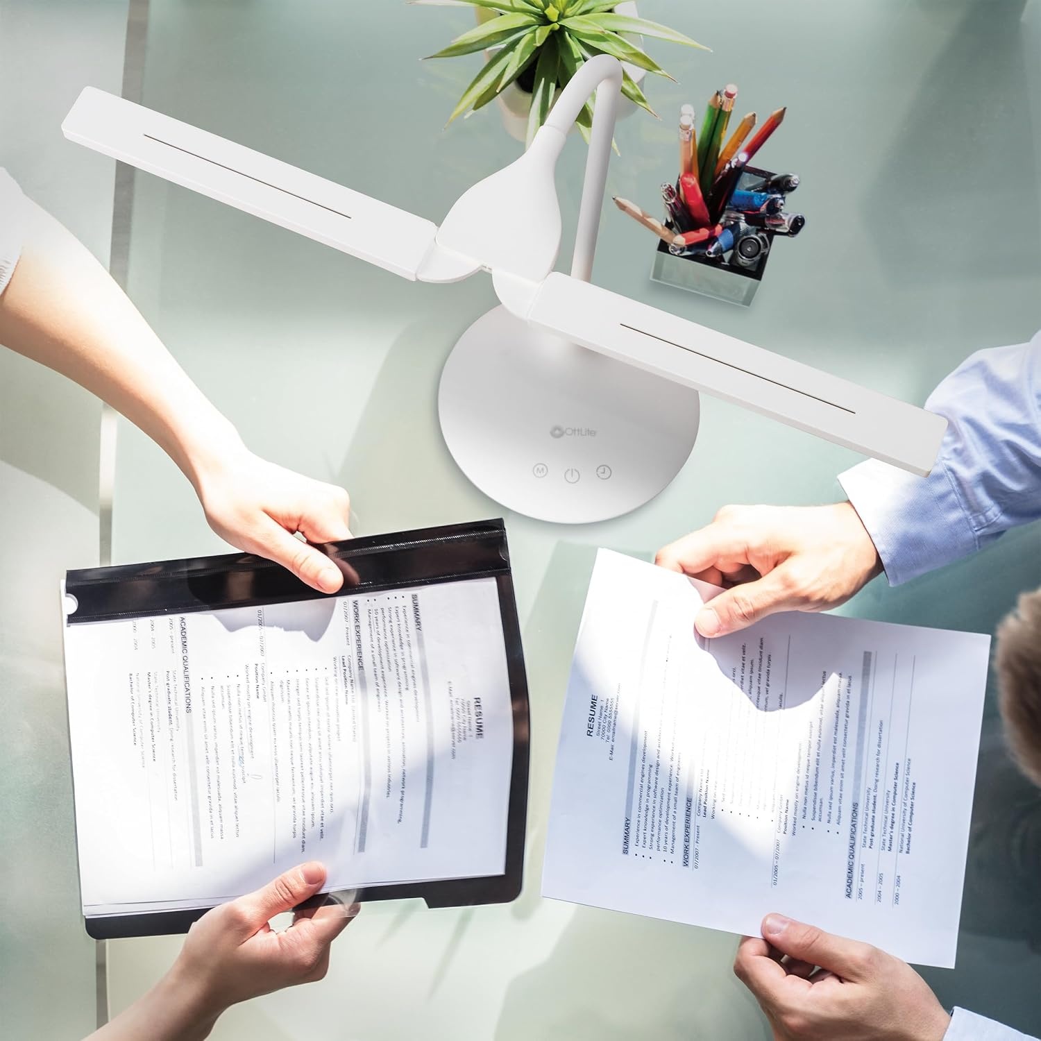 image:imageOttLite Pivot LED Clamp Desk Lamp Dual Lamp Shades amp Flexible Neck with ClearSun LED Technology 3 Color Temperature Modes Dimmable LEDs amp TouchActivated Controls for Crafting Sewing amp StudyingDual Shade White Lamp