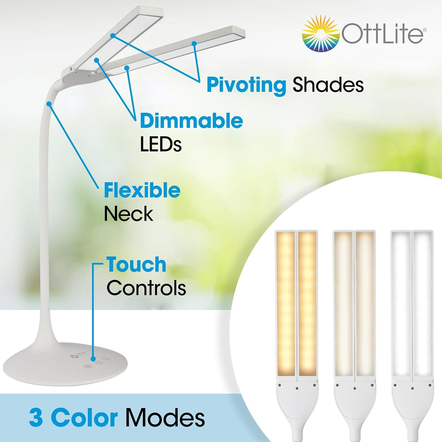 image:imageOttLite Pivot LED Clamp Desk Lamp Dual Lamp Shades amp Flexible Neck with ClearSun LED Technology 3 Color Temperature Modes Dimmable LEDs amp TouchActivated Controls for Crafting Sewing amp StudyingDual Shade White Lamp