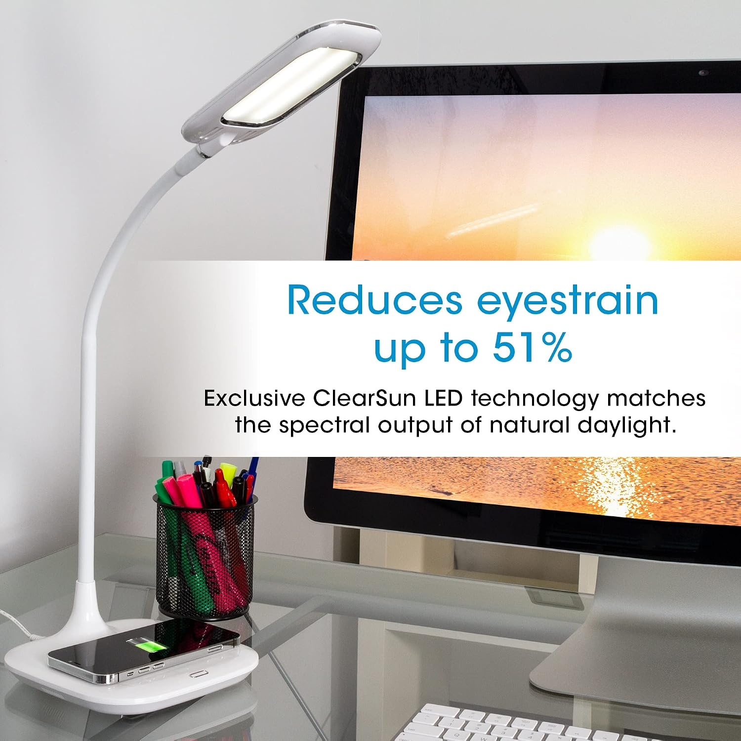 image:imageOttLite Prevention LED Desk Lamp with Wireless Charging Designed to Reduce Eyestrain Adjustable Flexible Neck 3 Color Modes amp Touch Controls Crafting Office Work Reading amp Studying
