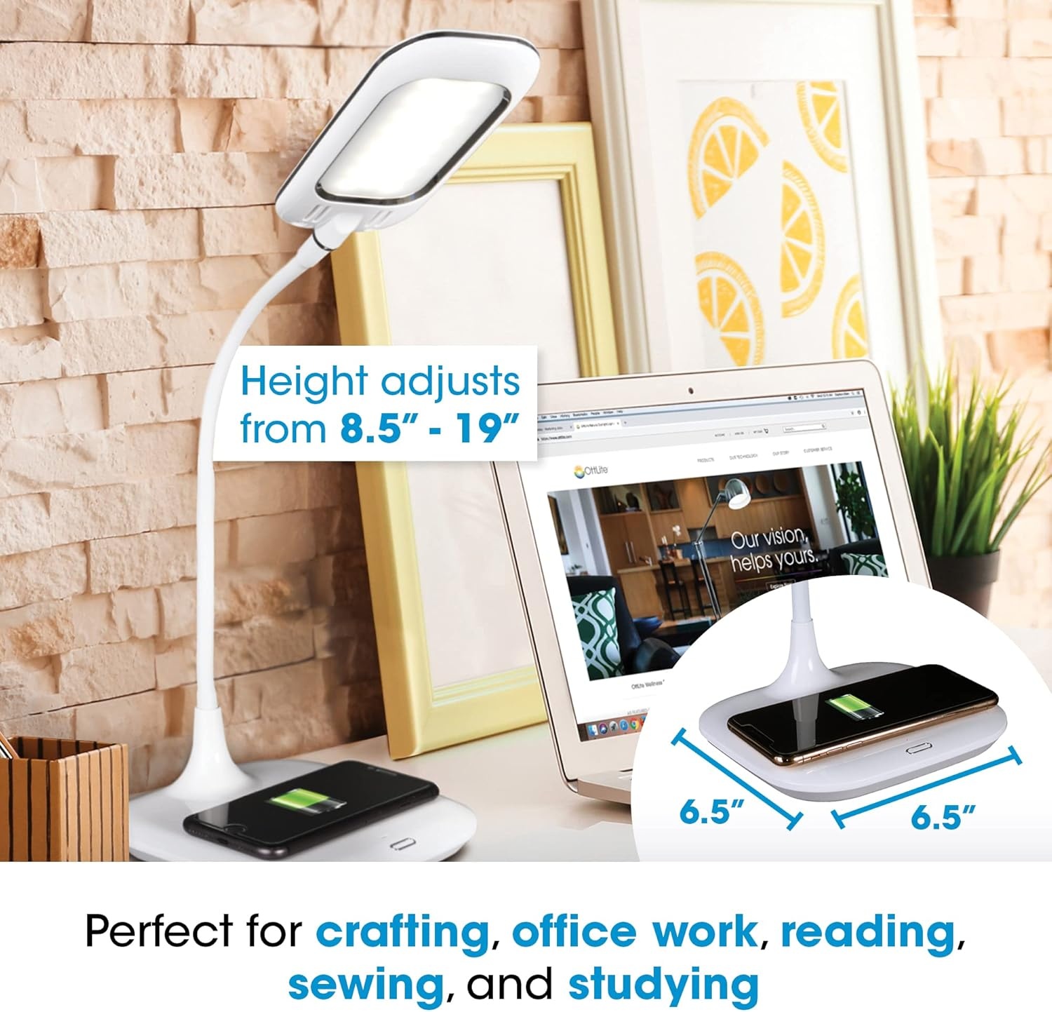 image:imageOttLite Prevention LED Desk Lamp with Wireless Charging Designed to Reduce Eyestrain Adjustable Flexible Neck 3 Color Modes amp Touch Controls Crafting Office Work Reading amp Studying