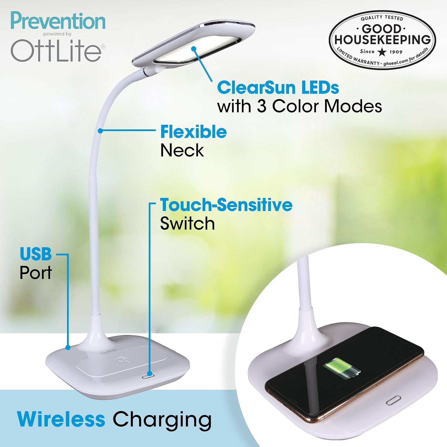 image:imageOttLite Prevention LED Desk Lamp with Wireless Charging Designed to Reduce Eyestrain Adjustable Flexible Neck 3 Color Modes amp Touch Controls Crafting Office Work Reading amp Studying