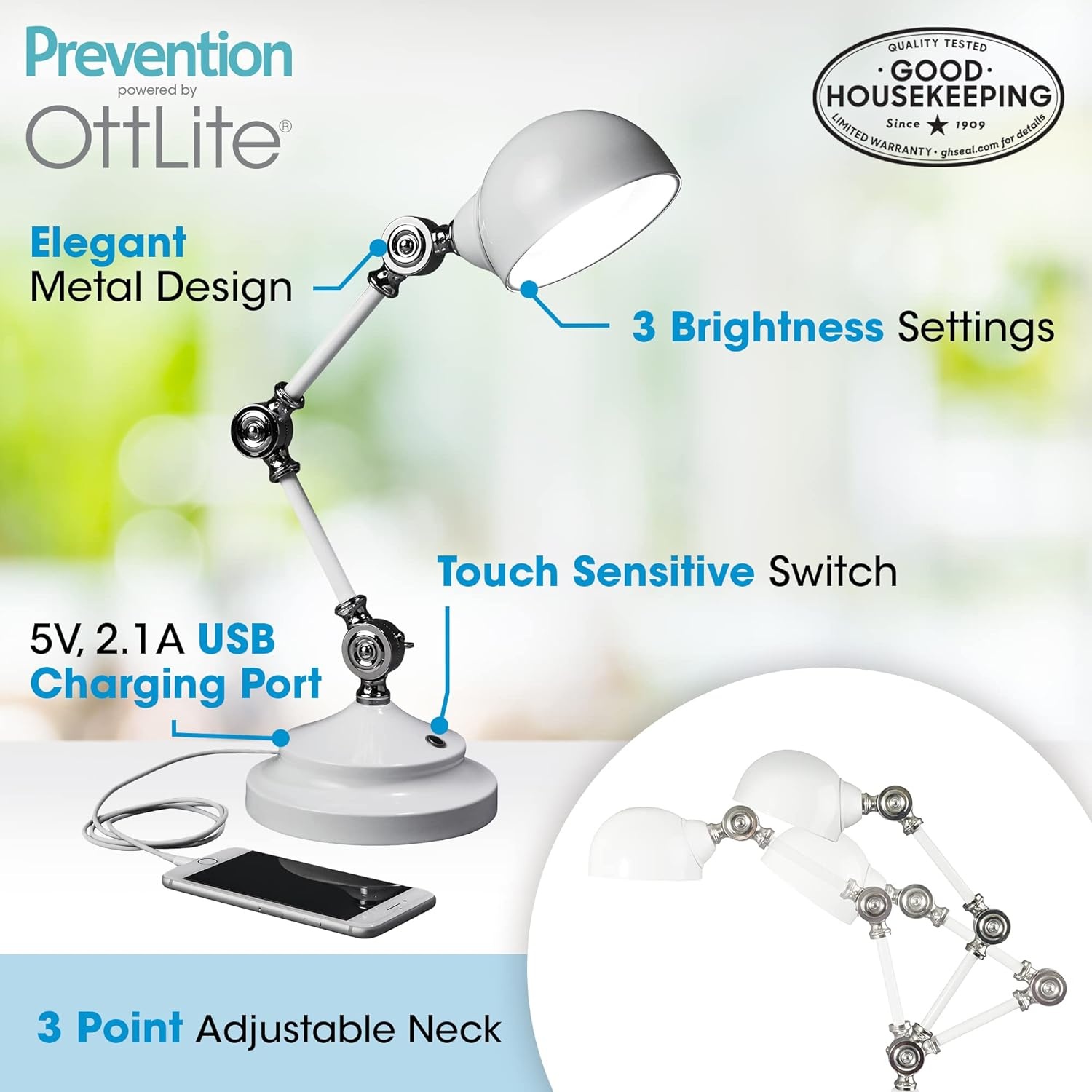 image:imageOttLite Prevention Pharmacy Adjustable LED Desk Lamp with USB Charging Designed to Reduce Eyestrain 3Point Adjustable Neck 3 Brightness Settings with Touch Controls