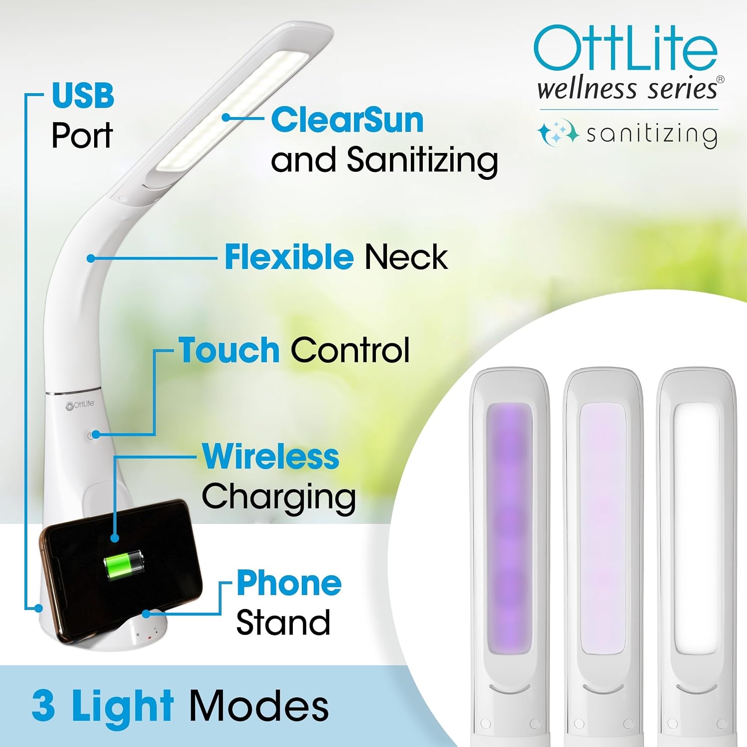 image:imageOttLite Purify LED Sanitizing Desk Lamp with Wireless Charging Eliminates up to 999 of Bacteria Touch Activated Flexible Neck Modern Light for Reading Crafting amp Office Desktop