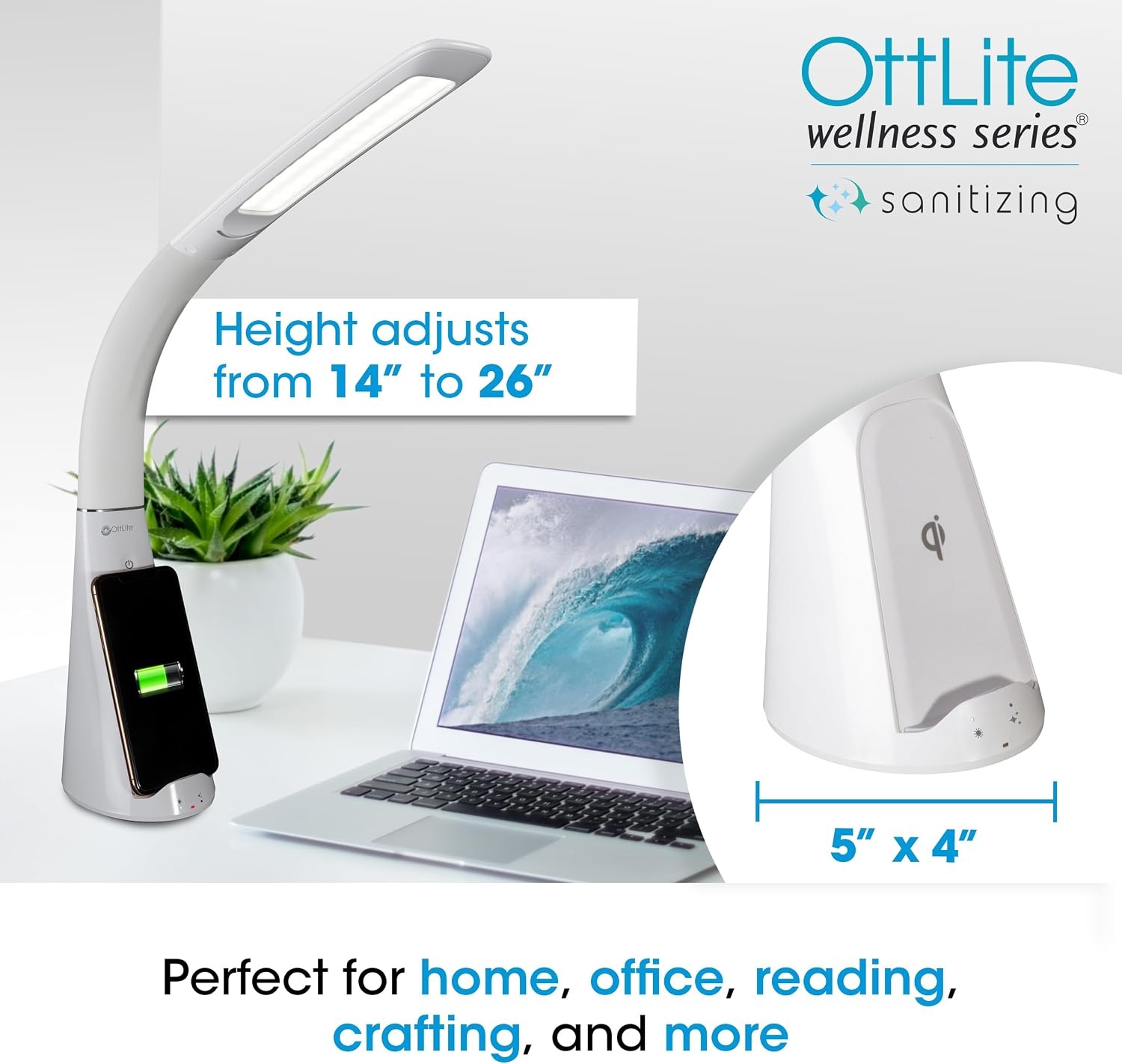 image:imageOttLite Purify LED Sanitizing Desk Lamp with Wireless Charging Eliminates up to 999 of Bacteria Touch Activated Flexible Neck Modern Light for Reading Crafting amp Office Desktop