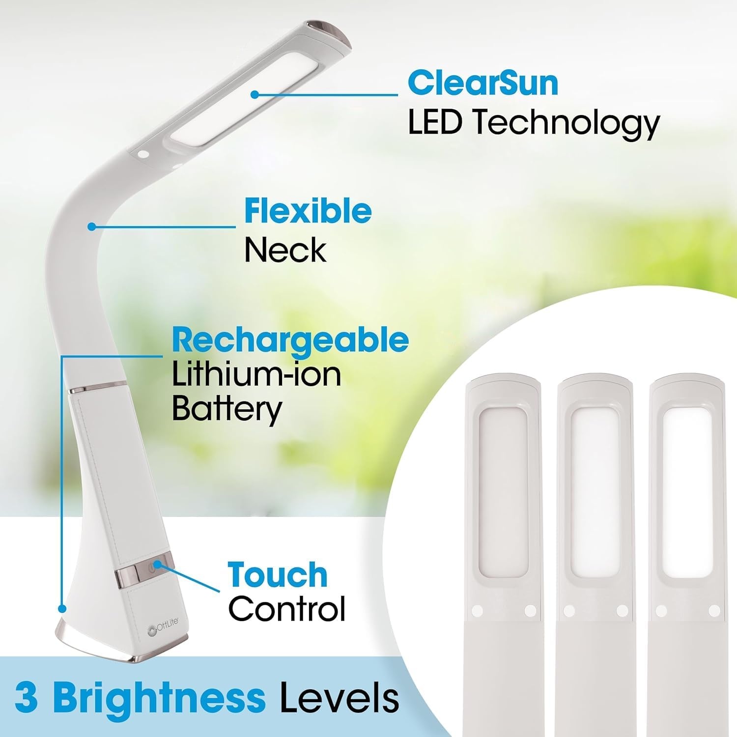 image:imageOttLite Recharge LED Desk Lamp with ClearSun LED Technology Portable Dimmable amp Flexible Gooseneck TravelFriendly Task Lamp with Rechargeable Battery for Home Reading Office amp College DormsWhite