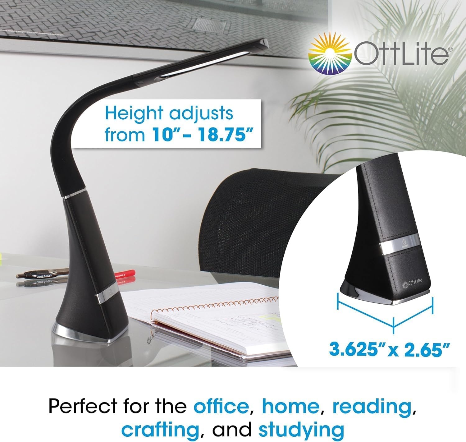 image:imageOttLite Recharge LED Desk Lamp with ClearSun LED Technology Portable Dimmable amp Flexible Gooseneck TravelFriendly Task Lamp with Rechargeable Battery for Home Reading Office amp College DormsBlack