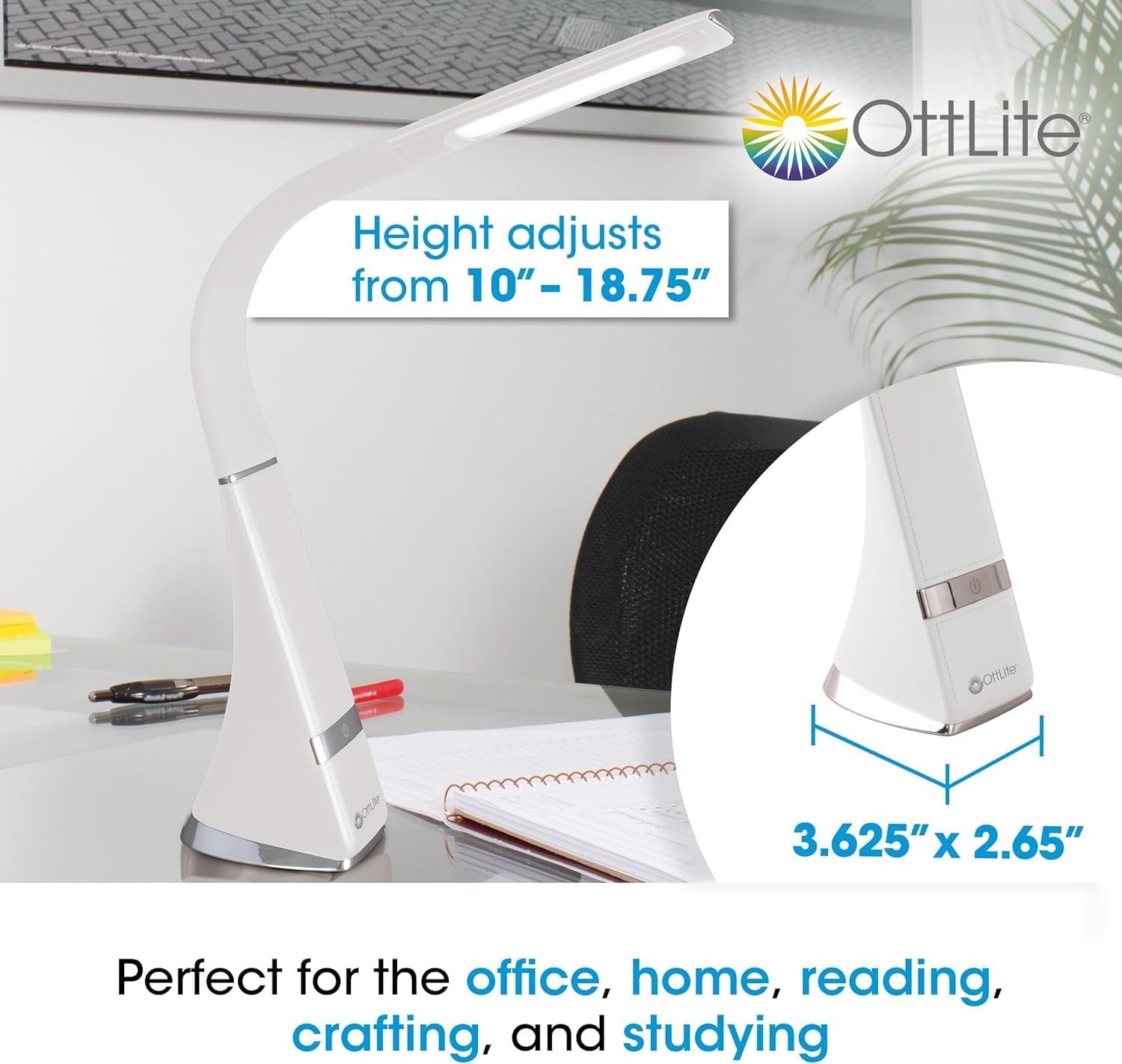 image:imageOttLite Recharge LED Desk Lamp with ClearSun LED Technology Portable Dimmable amp Flexible Gooseneck TravelFriendly Task Lamp with Rechargeable Battery for Home Reading Office amp College DormsWhite