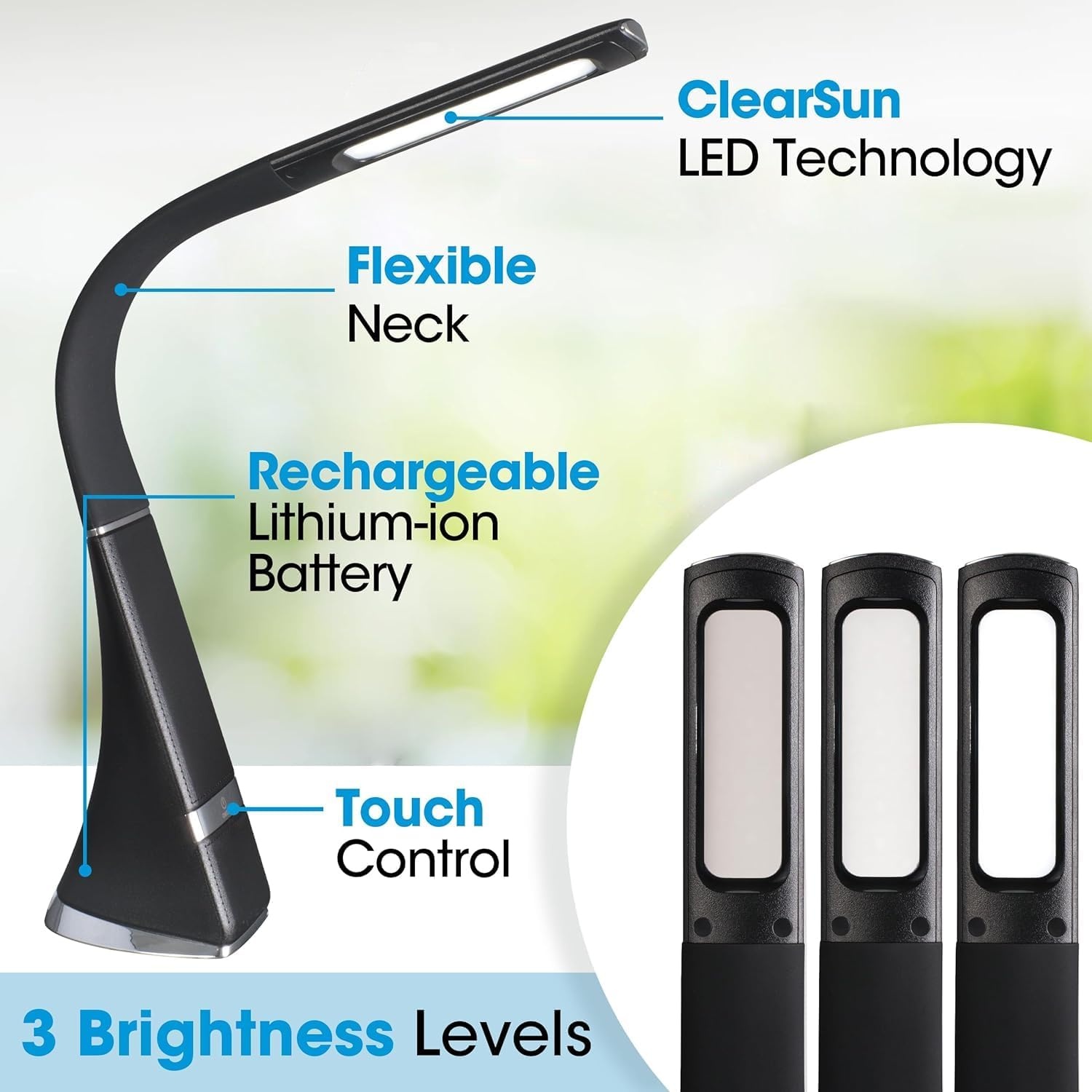 image:imageOttLite Recharge LED Desk Lamp with ClearSun LED Technology Portable Dimmable amp Flexible Gooseneck TravelFriendly Task Lamp with Rechargeable Battery for Home Reading Office amp College DormsBlack