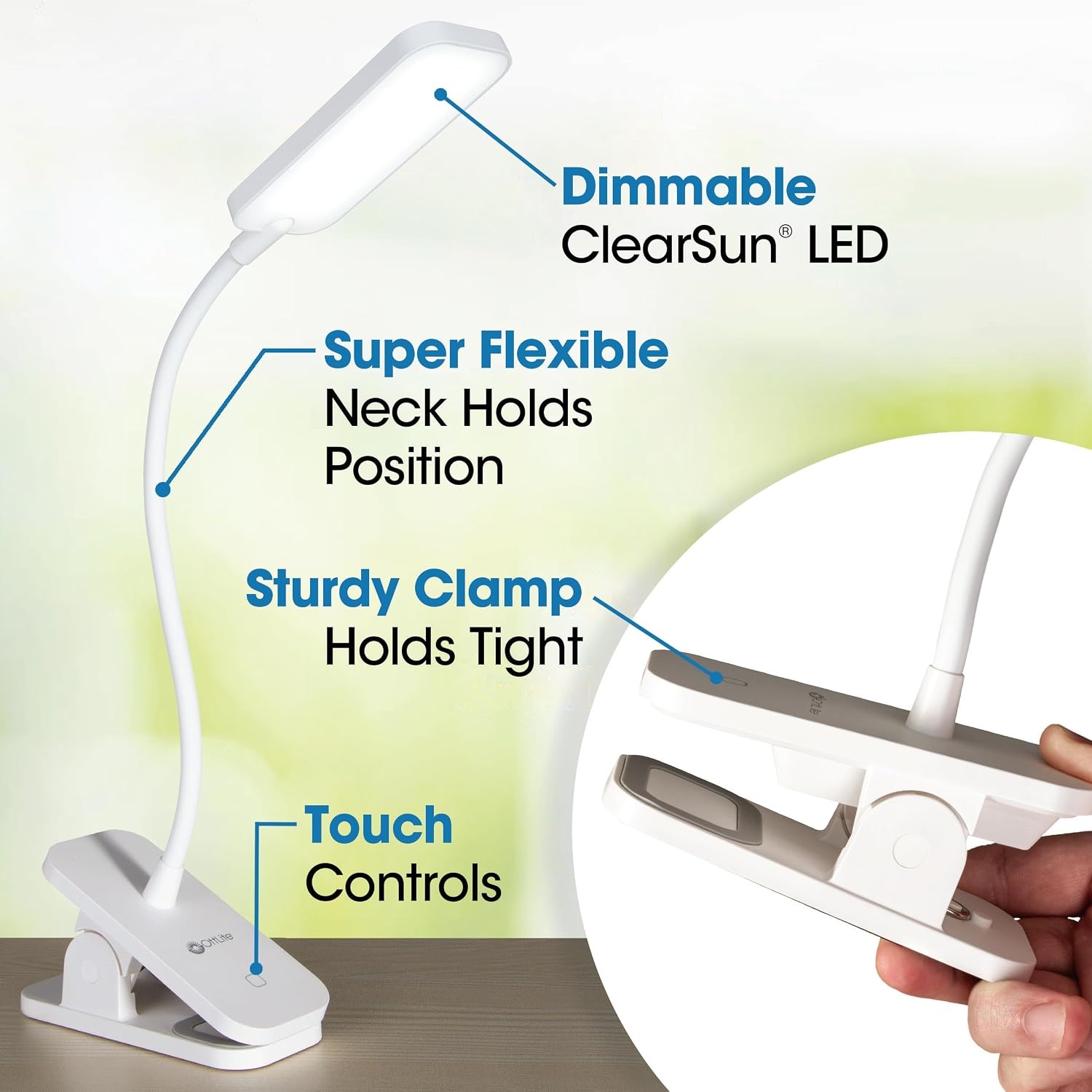 image:imageOttLite Rechargeable LED Clip Lamp ClearSun LED Technology with Touch Activated Control Dimmable LEDs amp Flexible Arm TravelFriendly Clip Light for Reading Bed Headboard amp Computers