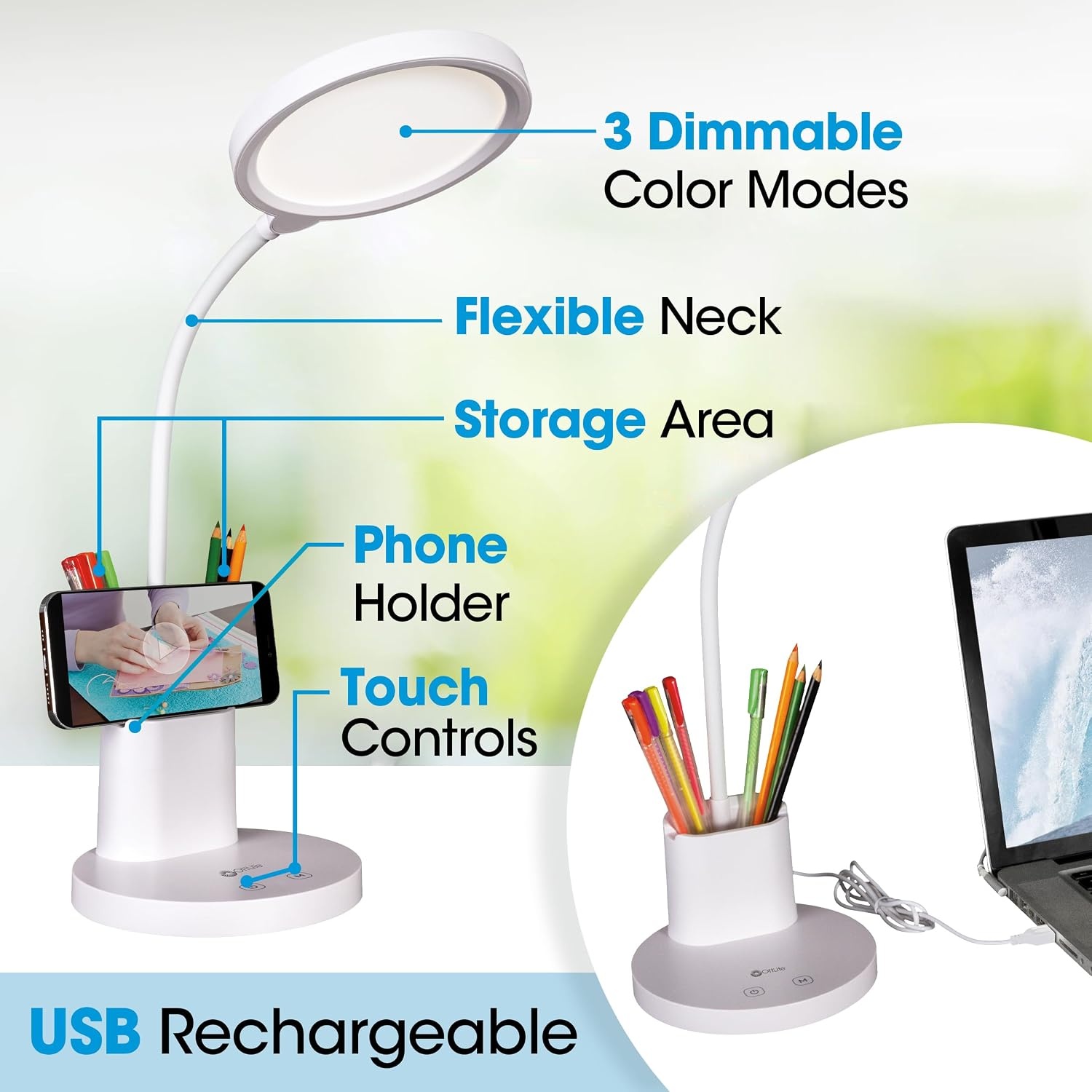image:imageOttLite Rechargeable LED Lamp wPhone Holder Clearsun White Shipper
