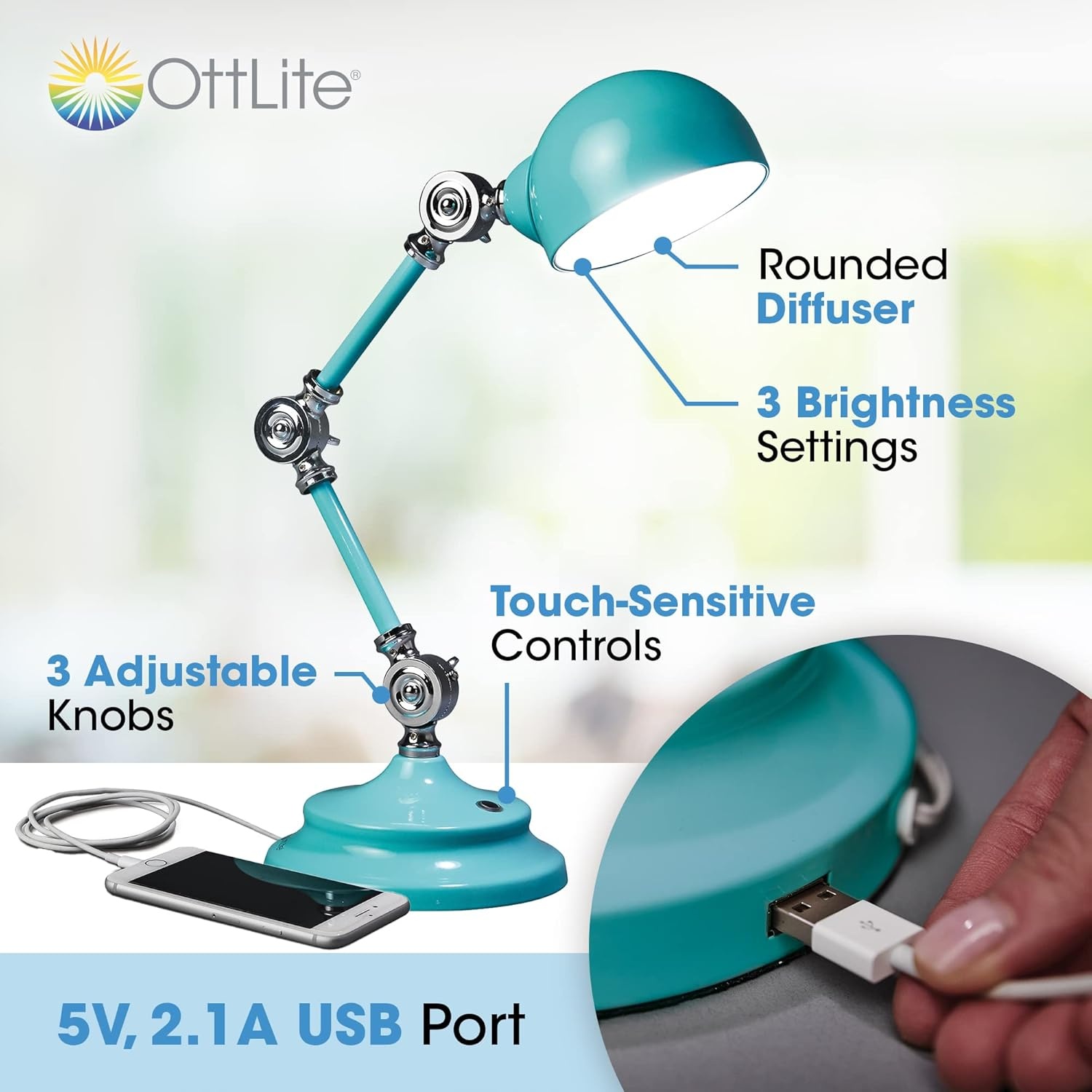 image:imageOttLite Revive LED Desk Lamp with ClearSun LED Technology Turquoise 3 Brightness Settings Touch Activated Controls USB Charging Port amp 3 Adjustable Knobs for Precise Lighting Great for ReadingTurquoise