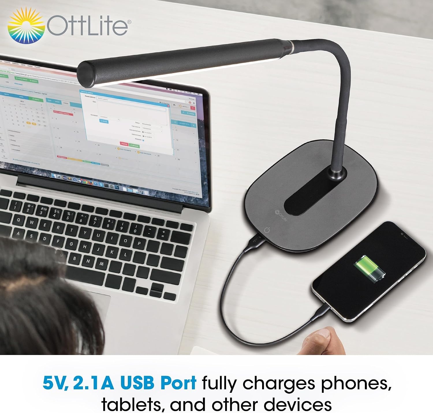 image:imageOttLite Strive LED Desk Lamp with USB Charging ClearSun LED Technology Adjustable amp Flexible Neck 3 Brightness Settings with Touch Activated Controls Desk Lamp for Work Study amp Reading