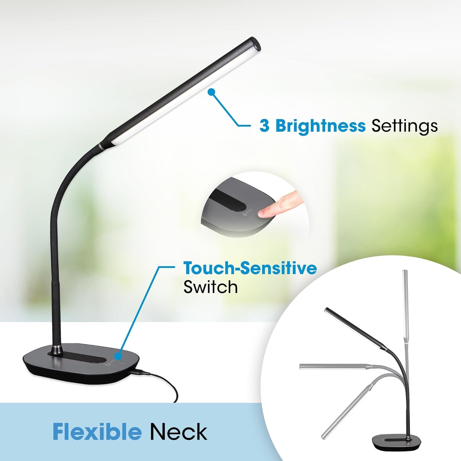 image:imageOttLite Strive LED Desk Lamp with USB Charging ClearSun LED Technology Adjustable amp Flexible Neck 3 Brightness Settings with Touch Activated Controls Desk Lamp for Work Study amp Reading