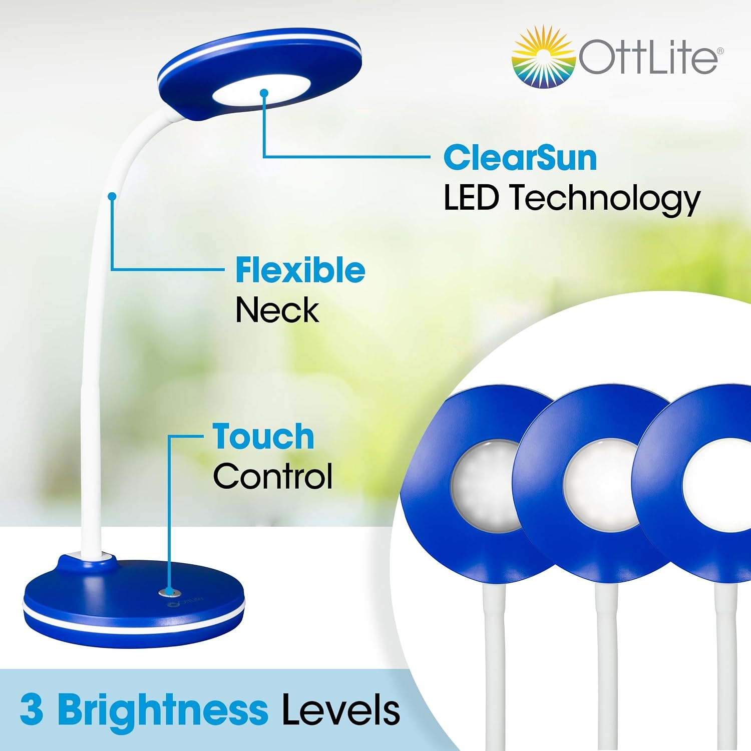 image:imageOttLite Study LED Desk Lamp Touch Activated Controls 3 Brightness Settings ClearSun LED Adjustable Neck Modern Design for Work Office or Learning